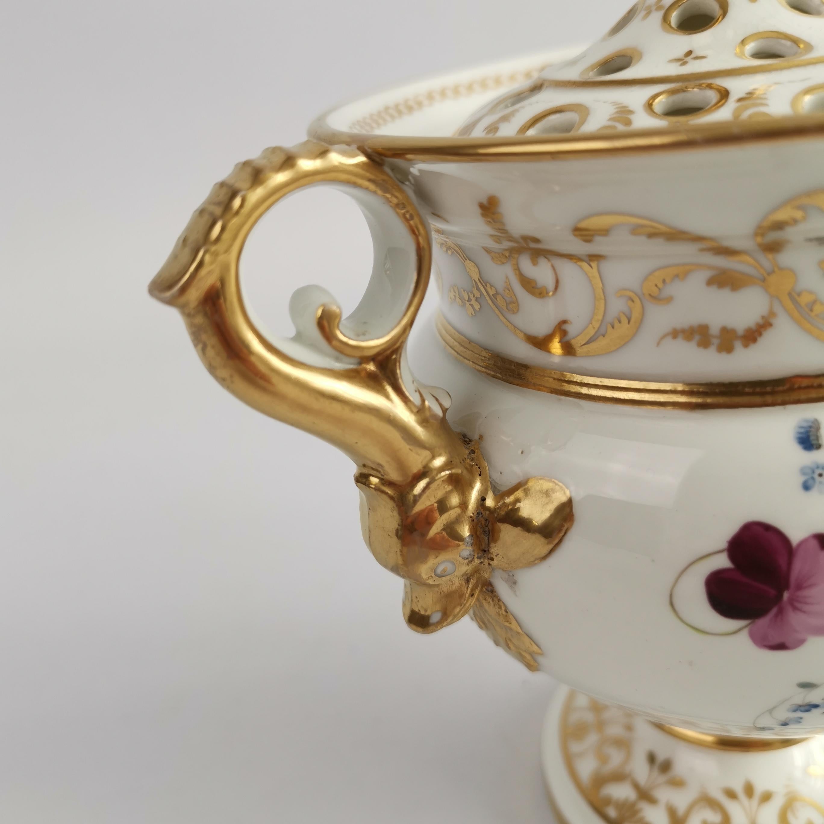 Porcelain English Potpourri Vase, White with Flowers and Dolphin Handles, Regency ca 1820