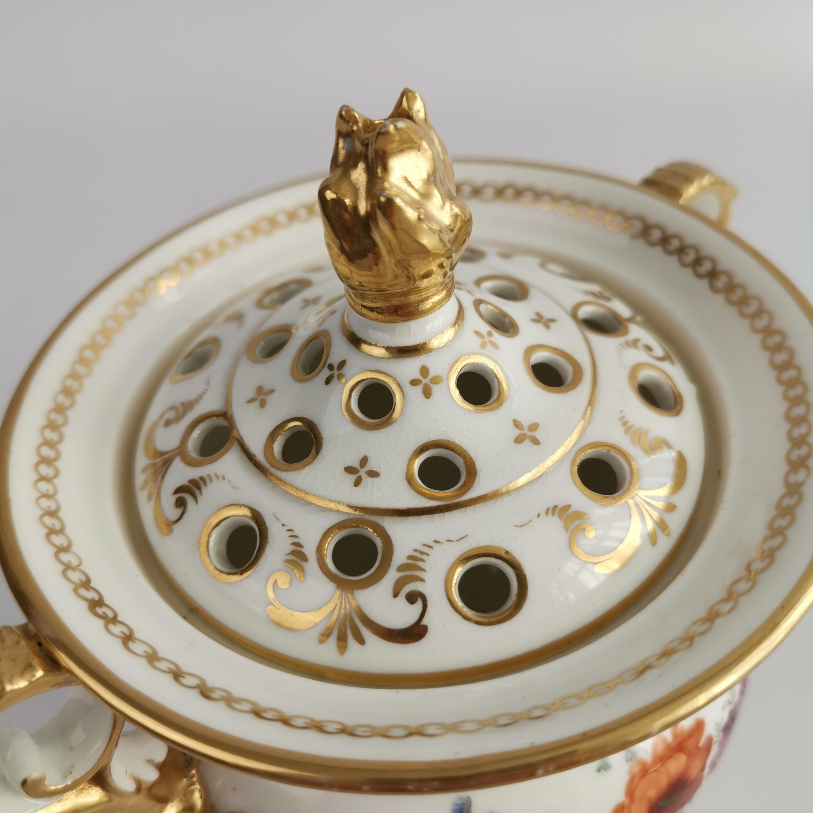 English Potpourri Vase, White with Flowers and Dolphin Handles, Regency ca 1820 1