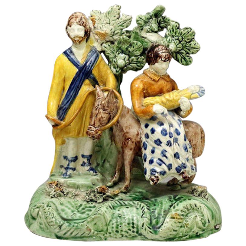 English Pottery Bocage Figure Group Flight to Egypt in Pratt Colors 18th Century For Sale