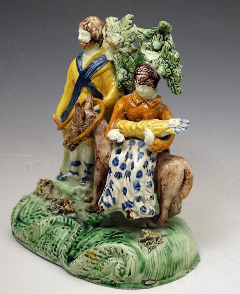 Late 18th Century English Pottery Bocage Figure Group Flight to Egypt in Pratt Colors 18th Century For Sale