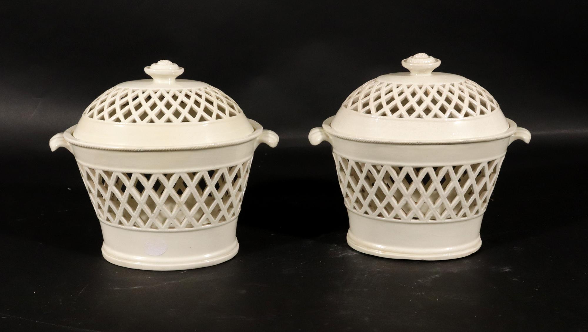 Regency English Pottery Creamware Openwork Covered Baskets For Sale