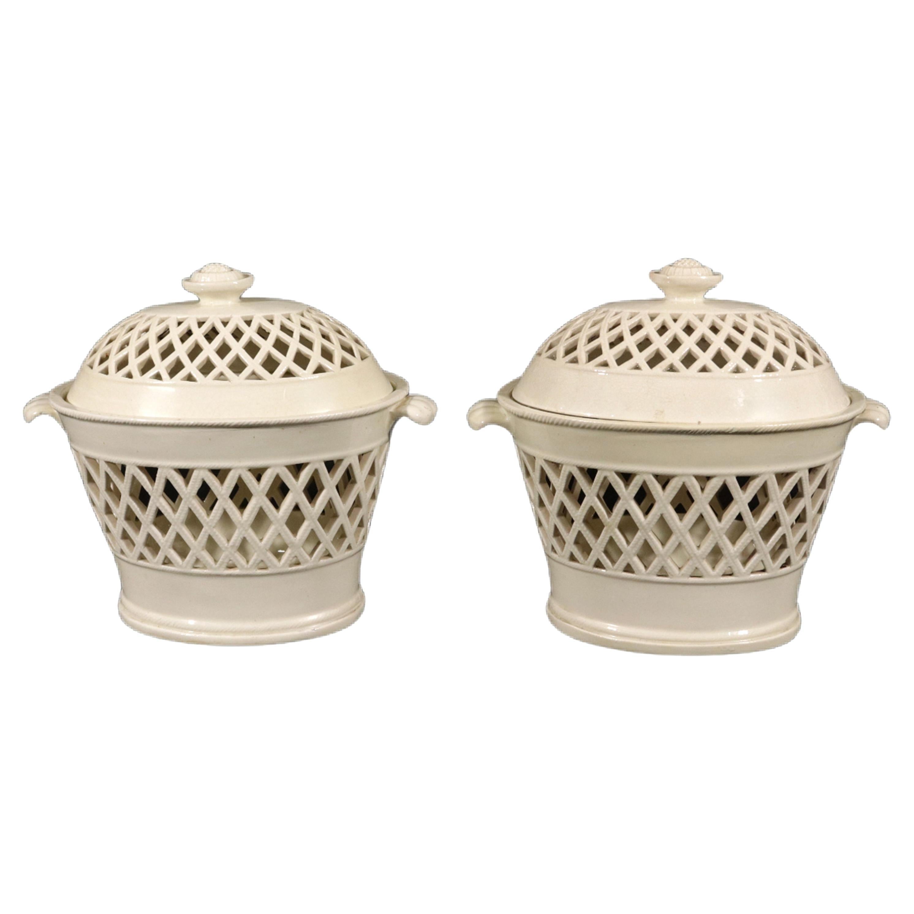 English Pottery Creamware Openwork Covered Baskets For Sale
