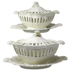 Antique English Pottery Creamware Openwork Covered Fruit Baskets and Stands