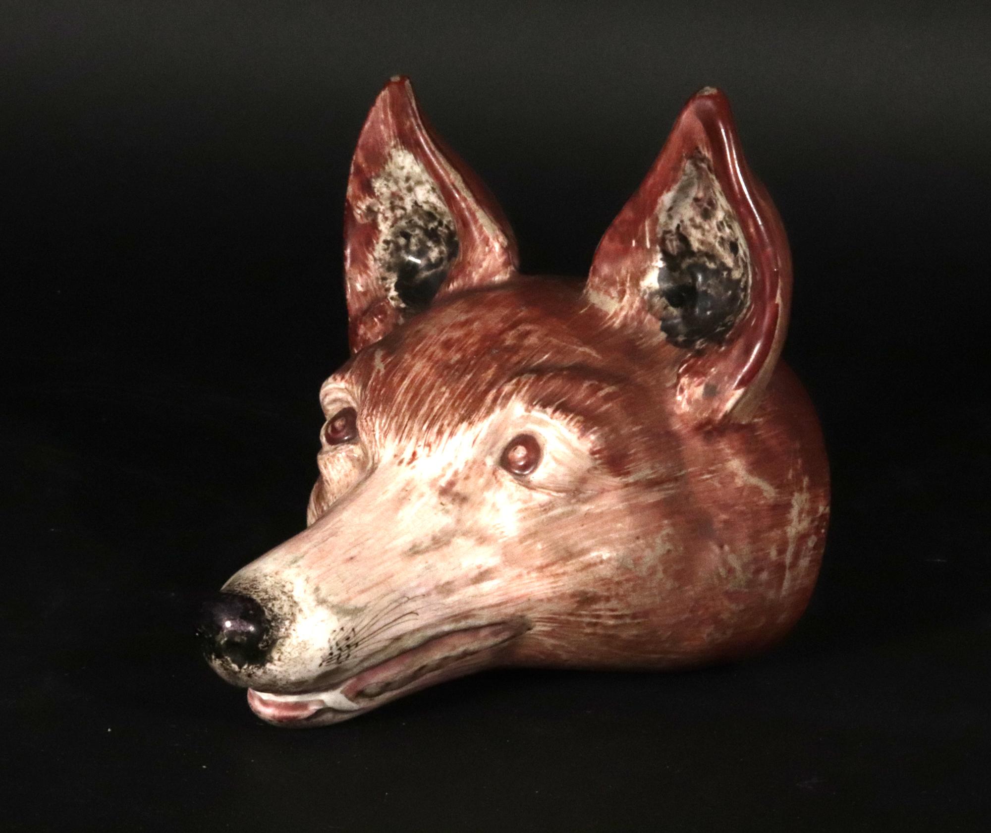 English Pottery Fox Head Pearlware Large Stirrup Cup In Good Condition In Downingtown, PA