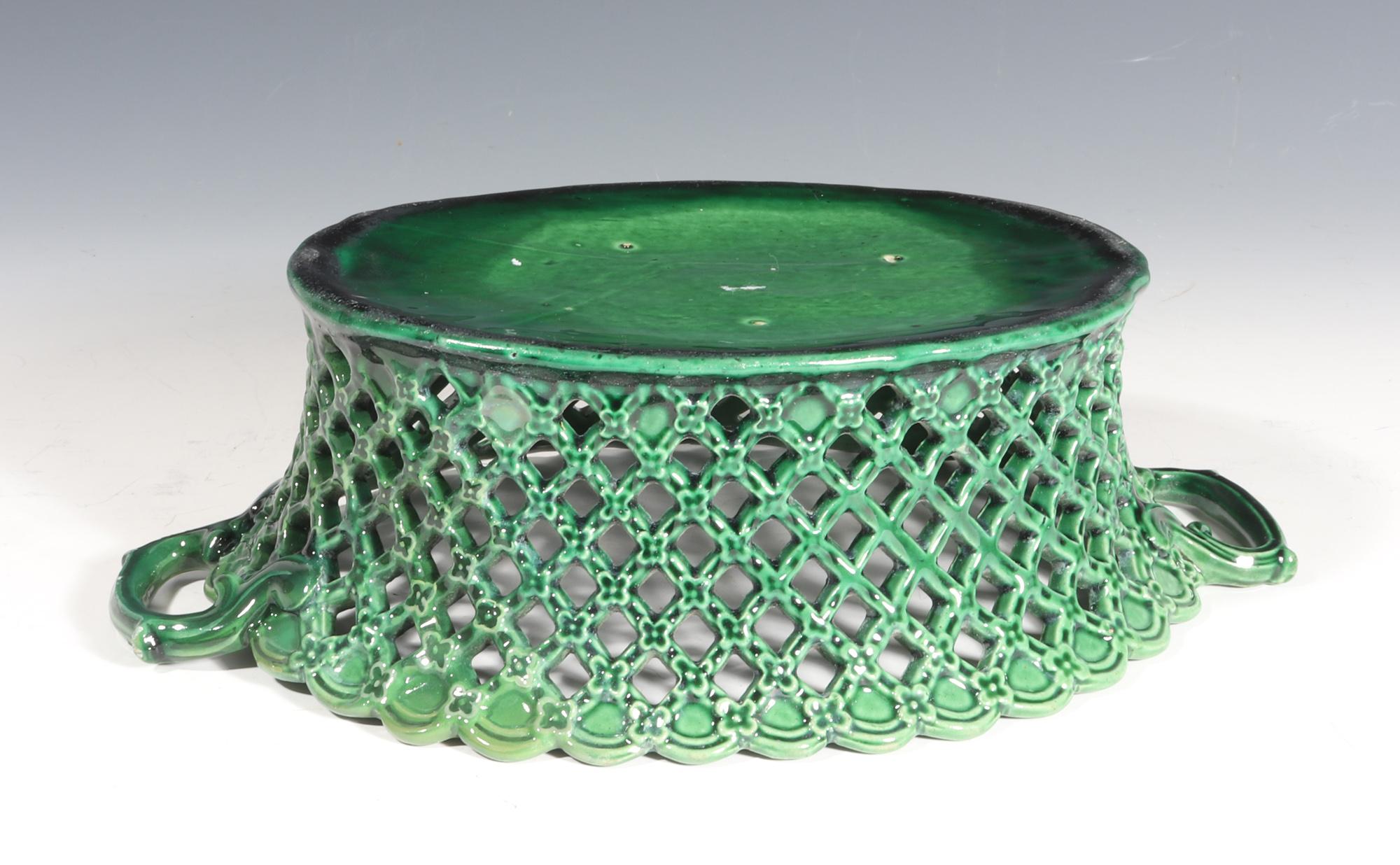 English Pottery Green-Glazed Openwork Basket and Stand For Sale 5