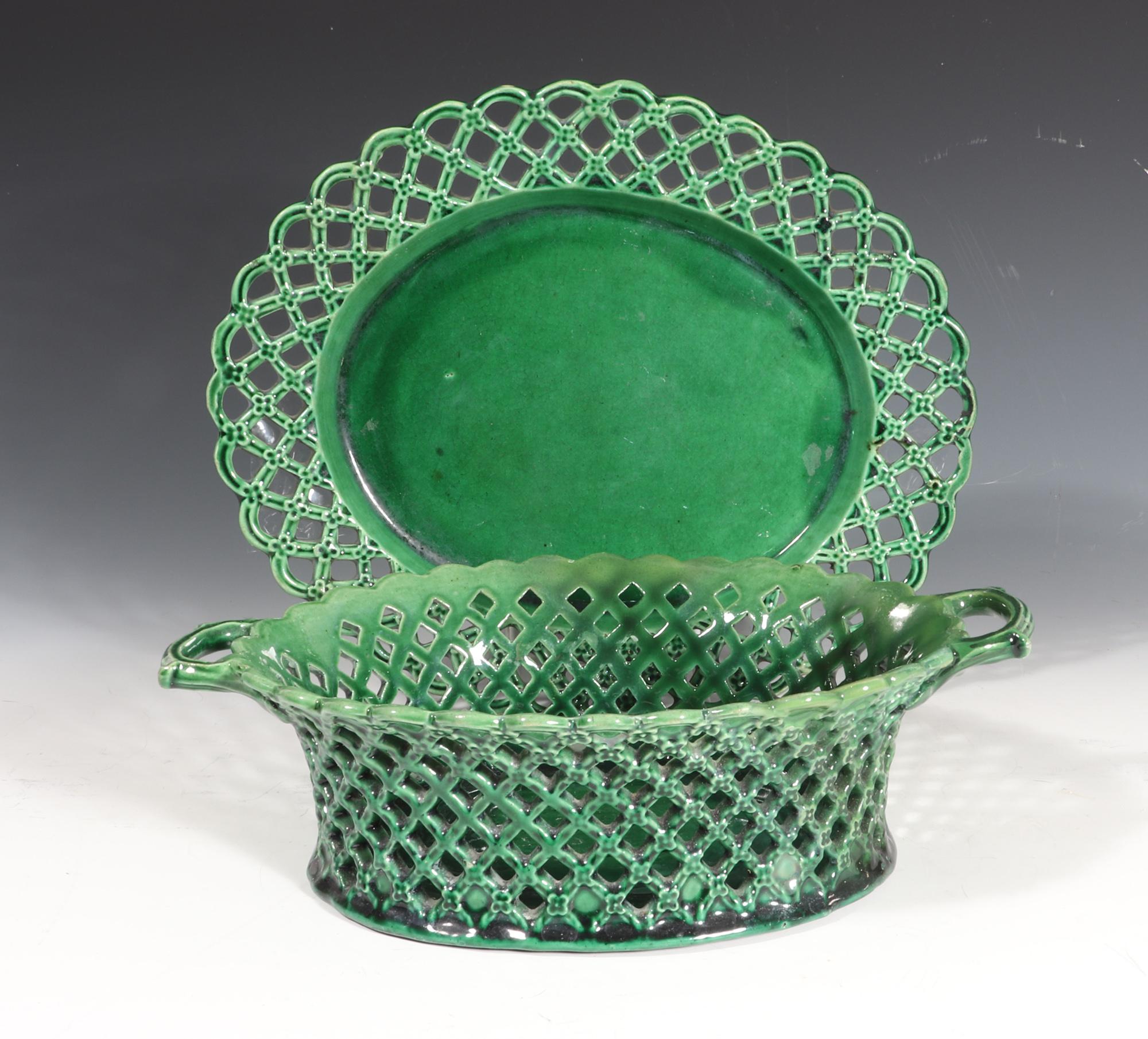 English pottery greenware openwork basket & stand,
1790-1880

The wonderful green-glazed openwork pottery basket and stand are decorated in the form of green-glazed openwork trellis with a molded flower-head at each interception. The rim of the