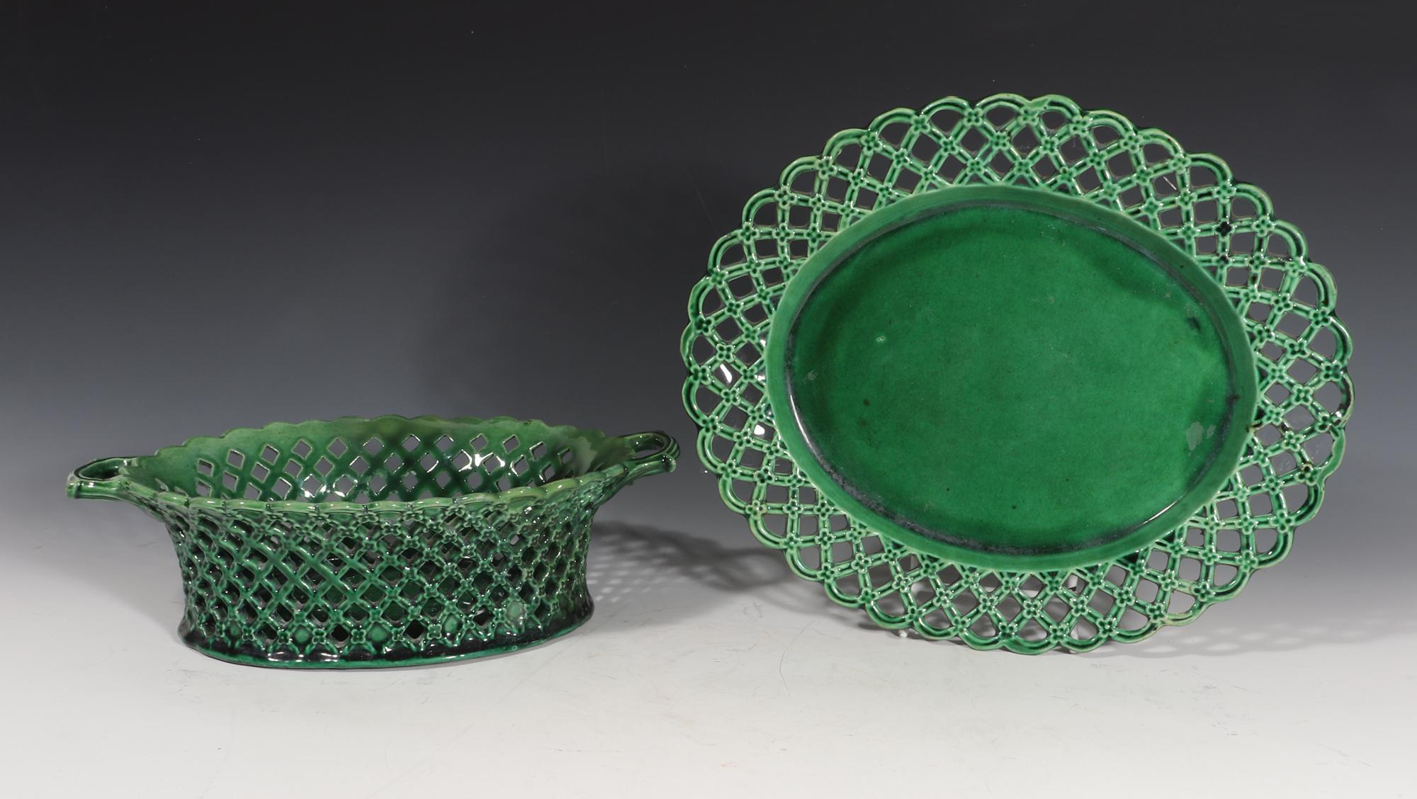 Georgian English Pottery Green-Glazed Openwork Basket and Stand For Sale