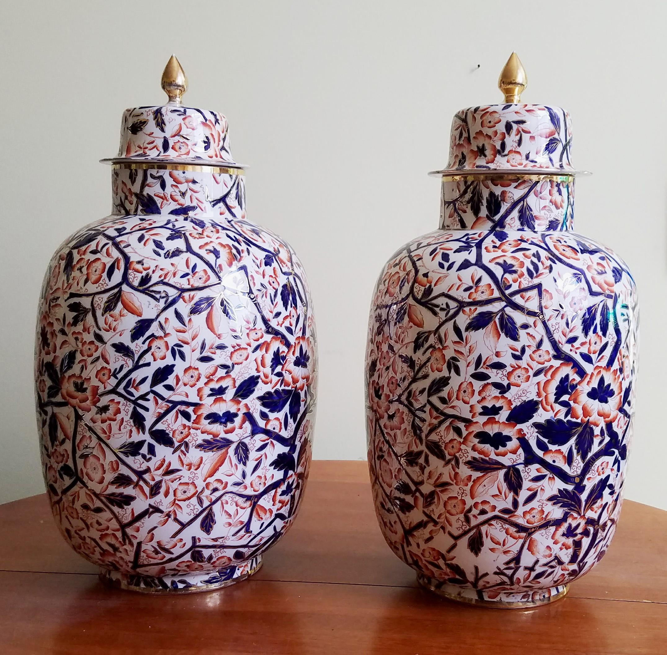 English Pottery Large Imari Vases and Covers, circa 1860-1880 In Excellent Condition In Downingtown, PA