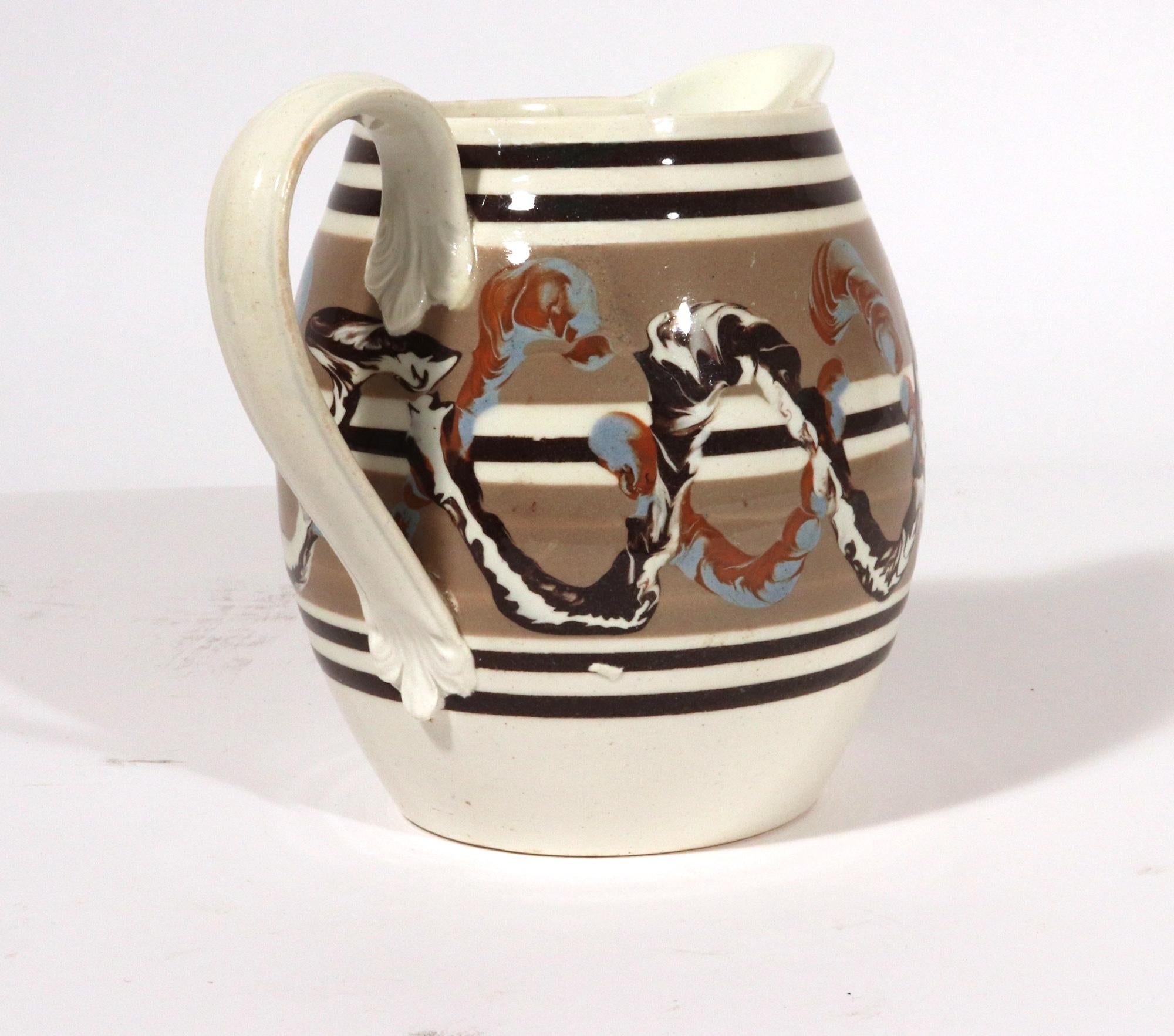 English Pottery Mocha Creamware Double Earthworm Jug In Good Condition For Sale In Downingtown, PA