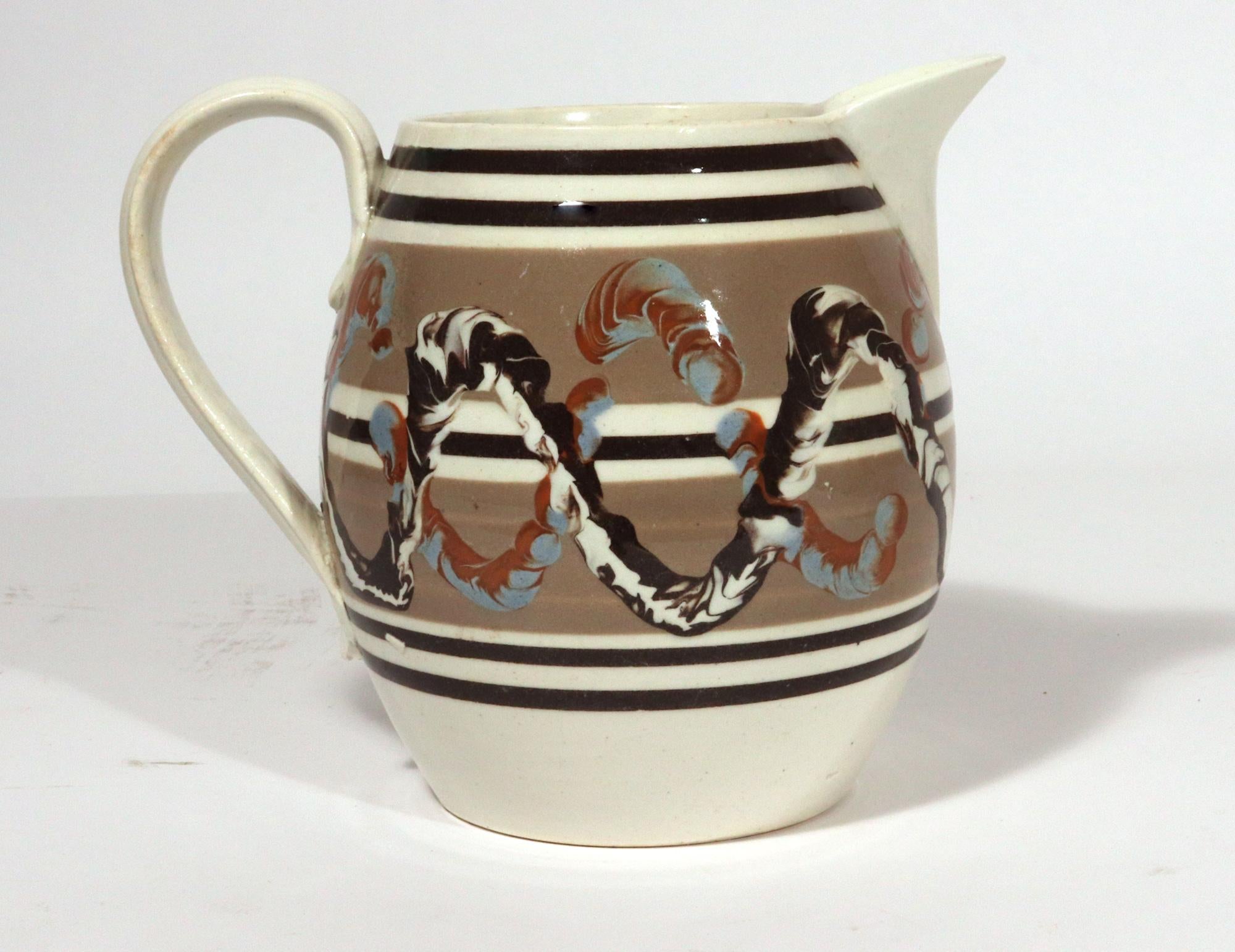 19th Century English Pottery Mocha Creamware Double Earthworm Jug For Sale