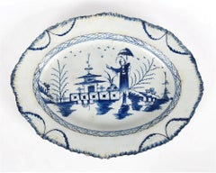 English Pottery Pearlware Blue and White Oval Dish with Chinoiserie Decoration