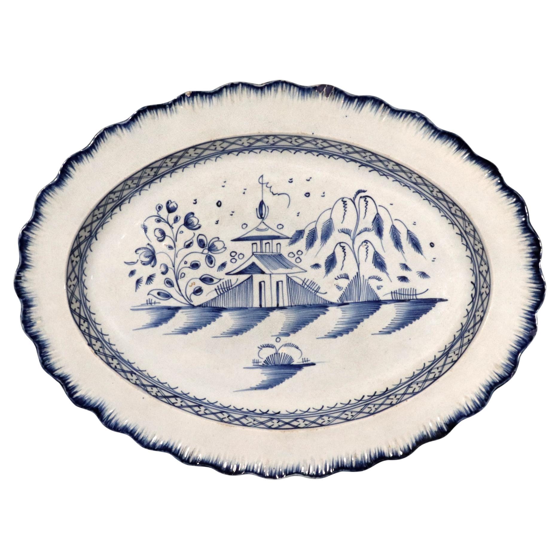 English Pottery Pearlware Blue Chinoiserie Large Shell-edged Dish