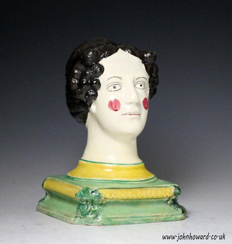 Glazed English Pottery Pearlware Head on Base Probably Queen Charlotte, circa 1815 For Sale