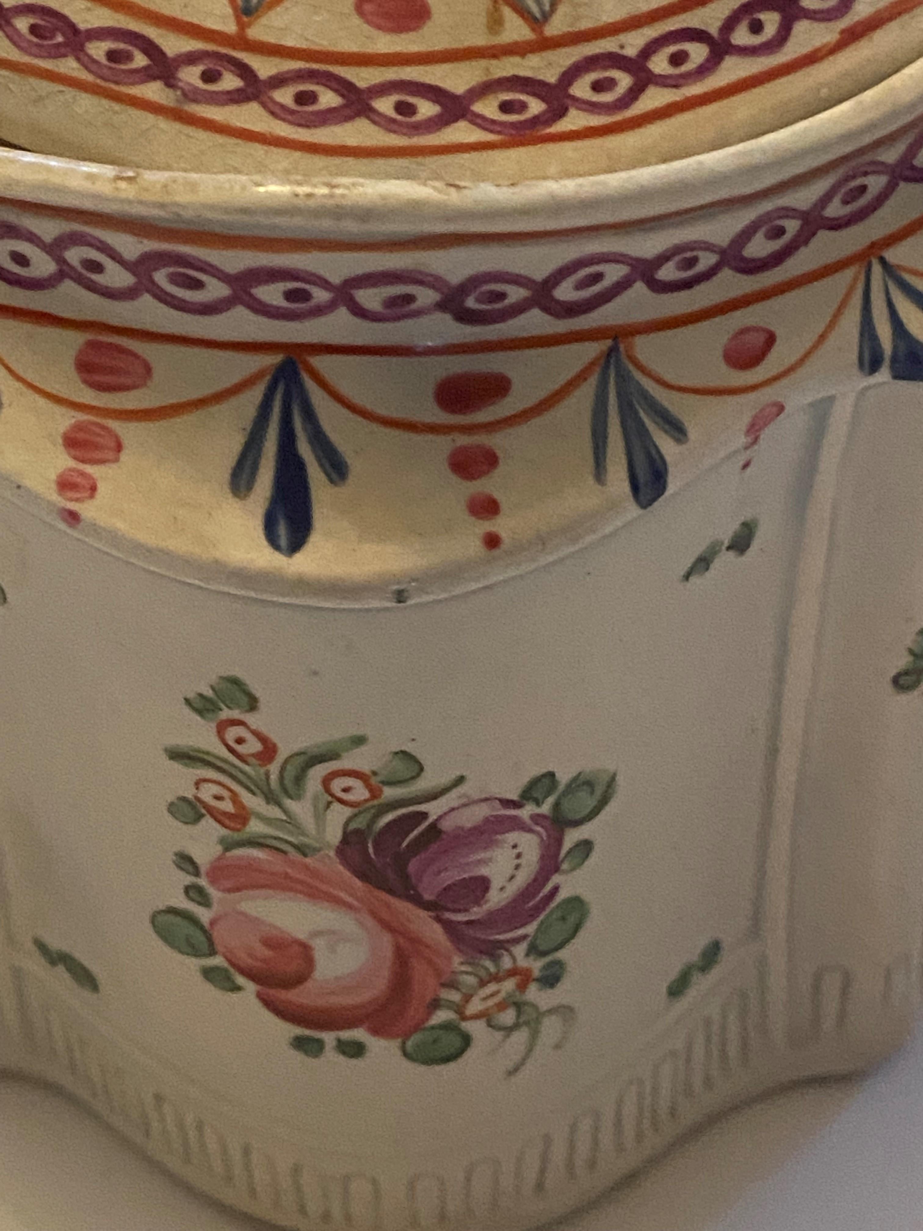 1790 Covered sugar bowl.
English pottery polychromed covered sugar bowl with swan finial. Staffordshire and you can tell; me the factory since I am not a pottery porcelain pro
 The dimensions are listed above. I cannot be sure of the discoloration