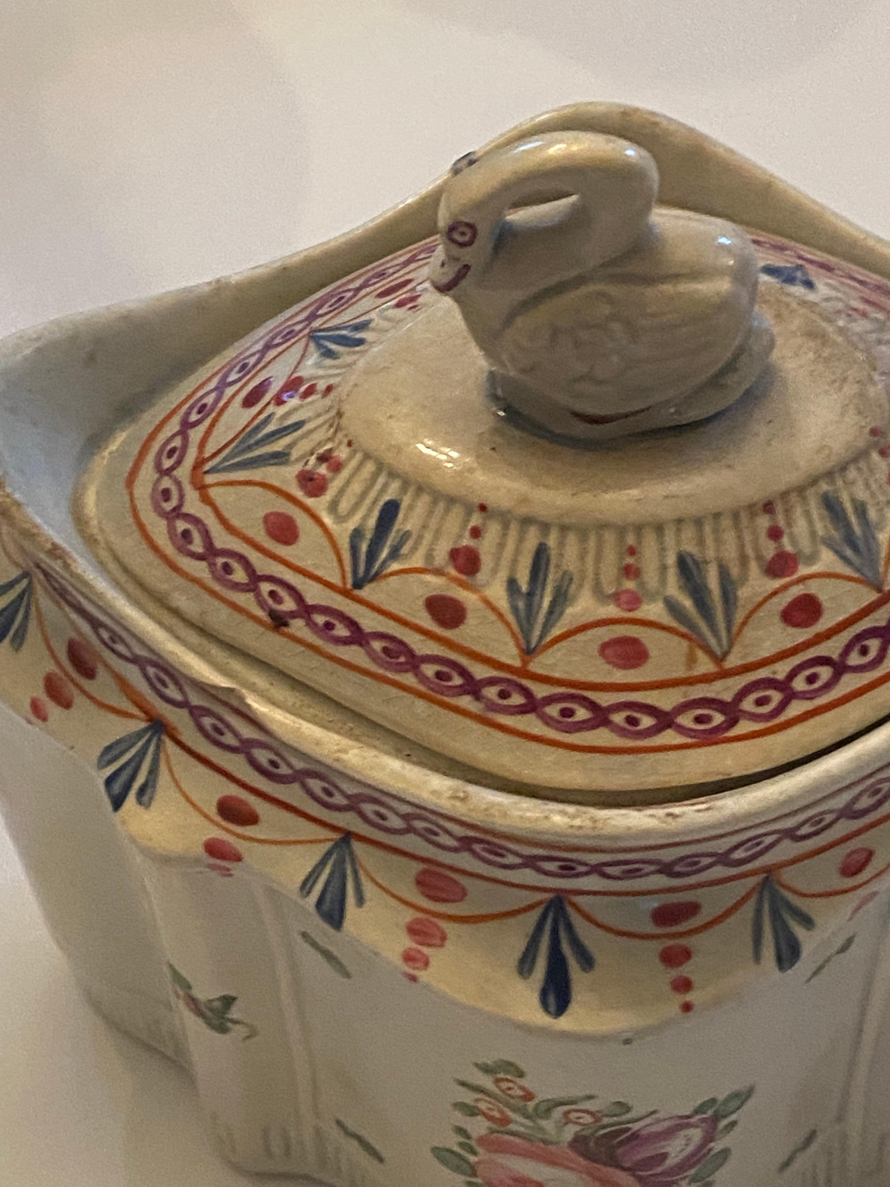 Georgian English Pottery Polychromed Covered Sugar Bowl with Swan Finial, circa 1790