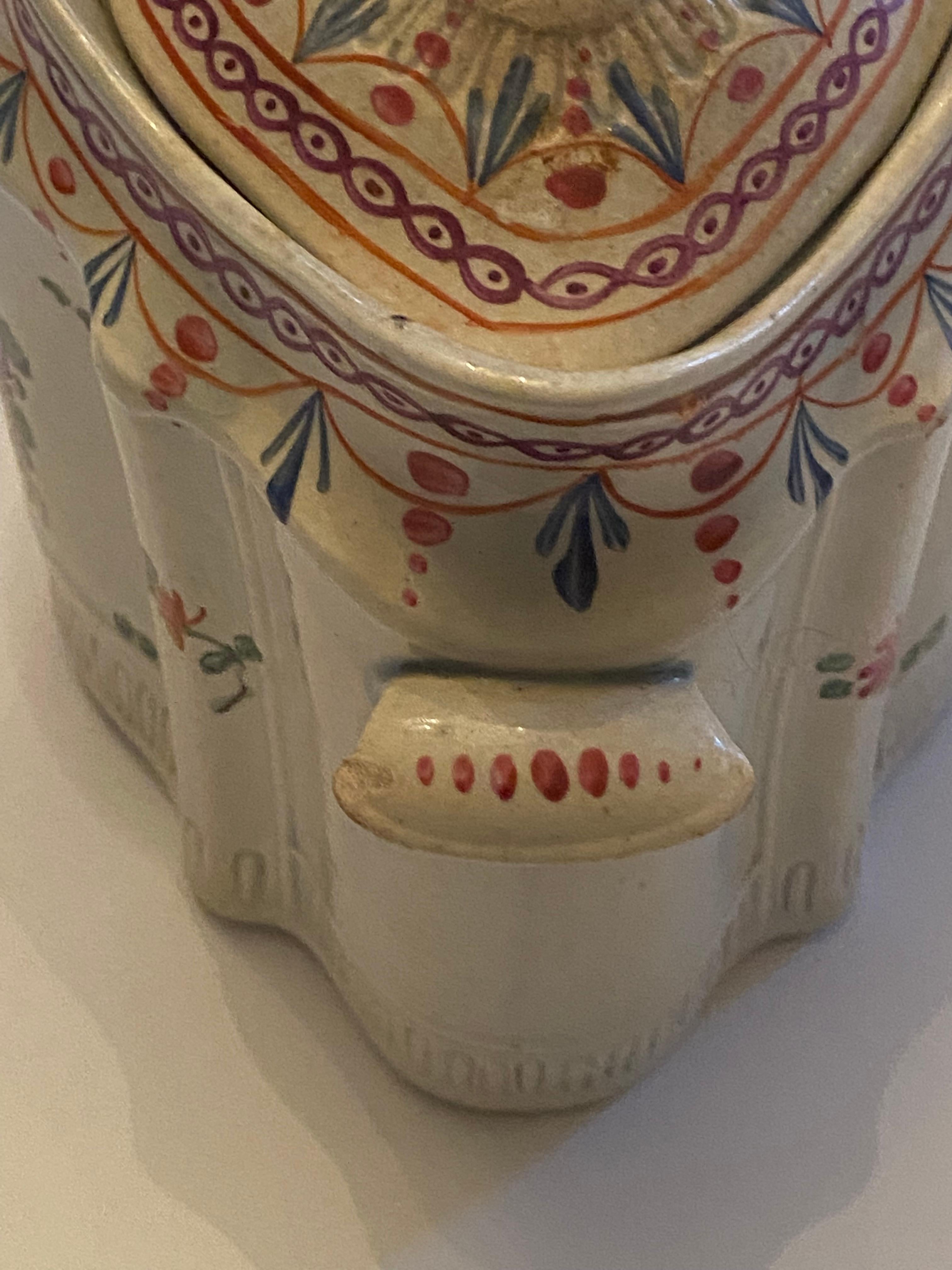 English Pottery Polychromed Covered Sugar Bowl with Swan Finial, circa 1790 In Excellent Condition In Hallowell, US