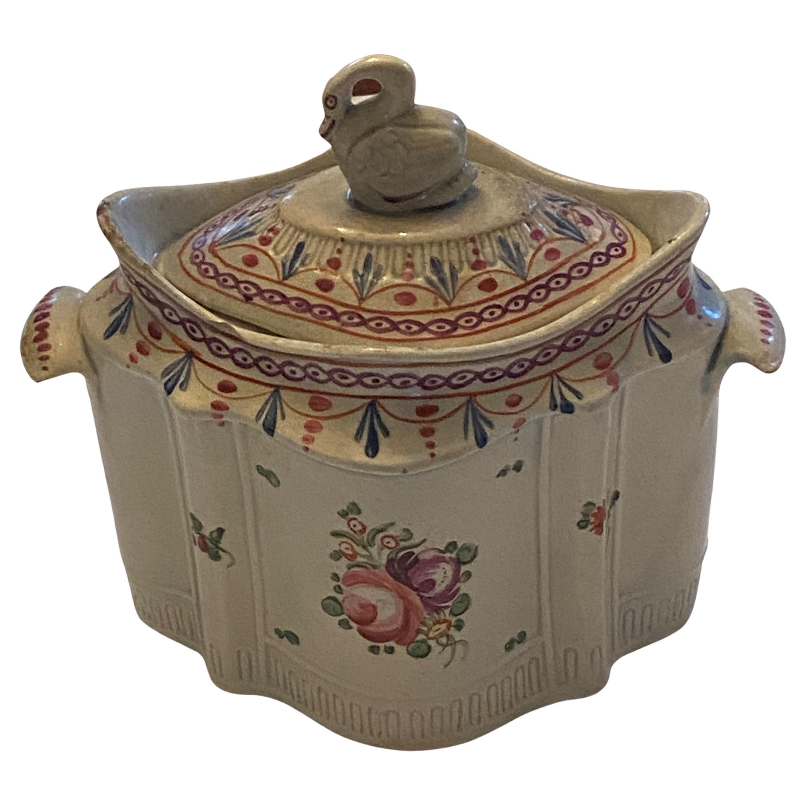 English Pottery Polychromed Covered Sugar Bowl with Swan Finial, circa 1790