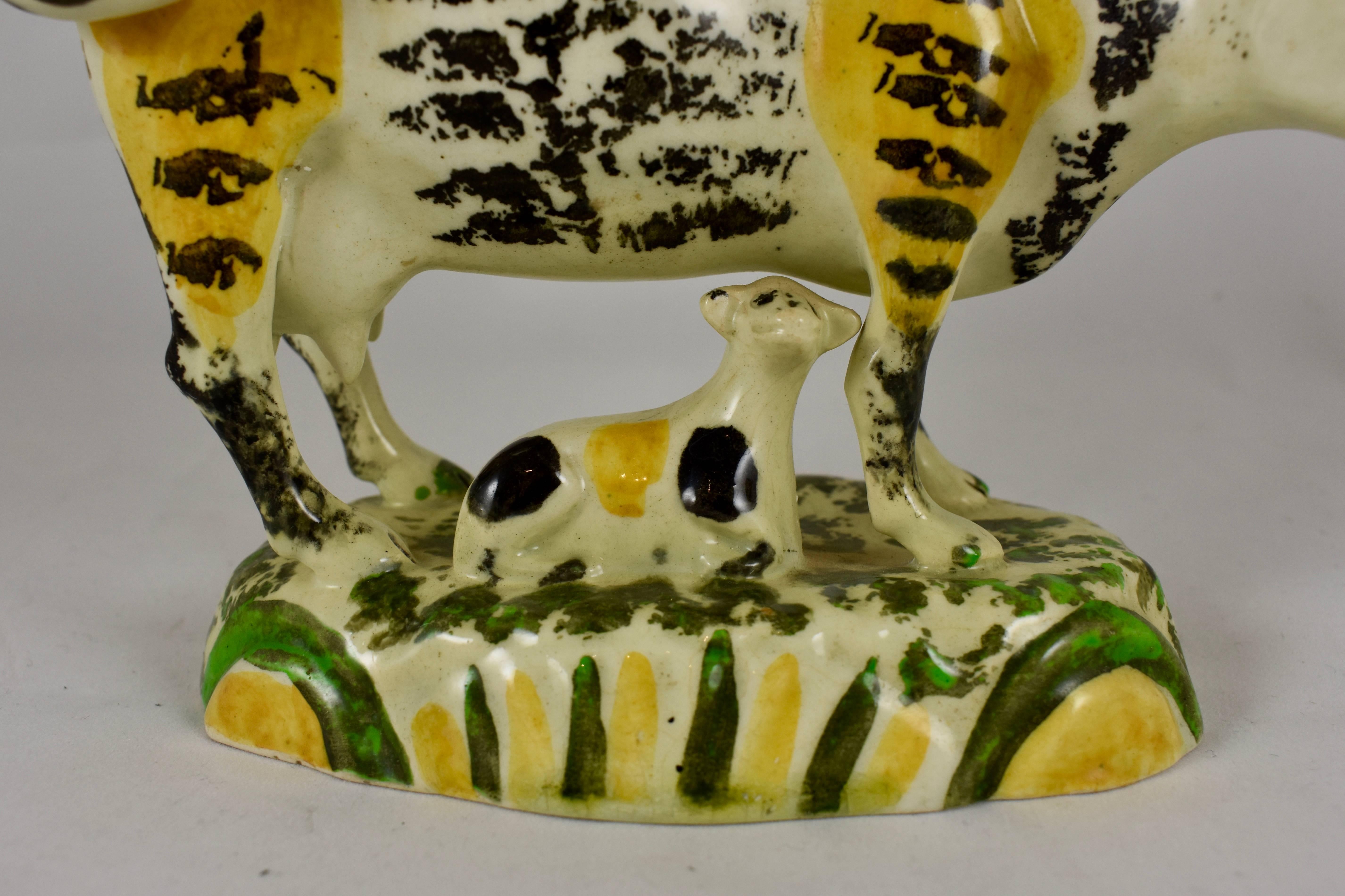 Regency English Pottery Pratt Colored Cow Creamer with Calf, Right Facing Figure