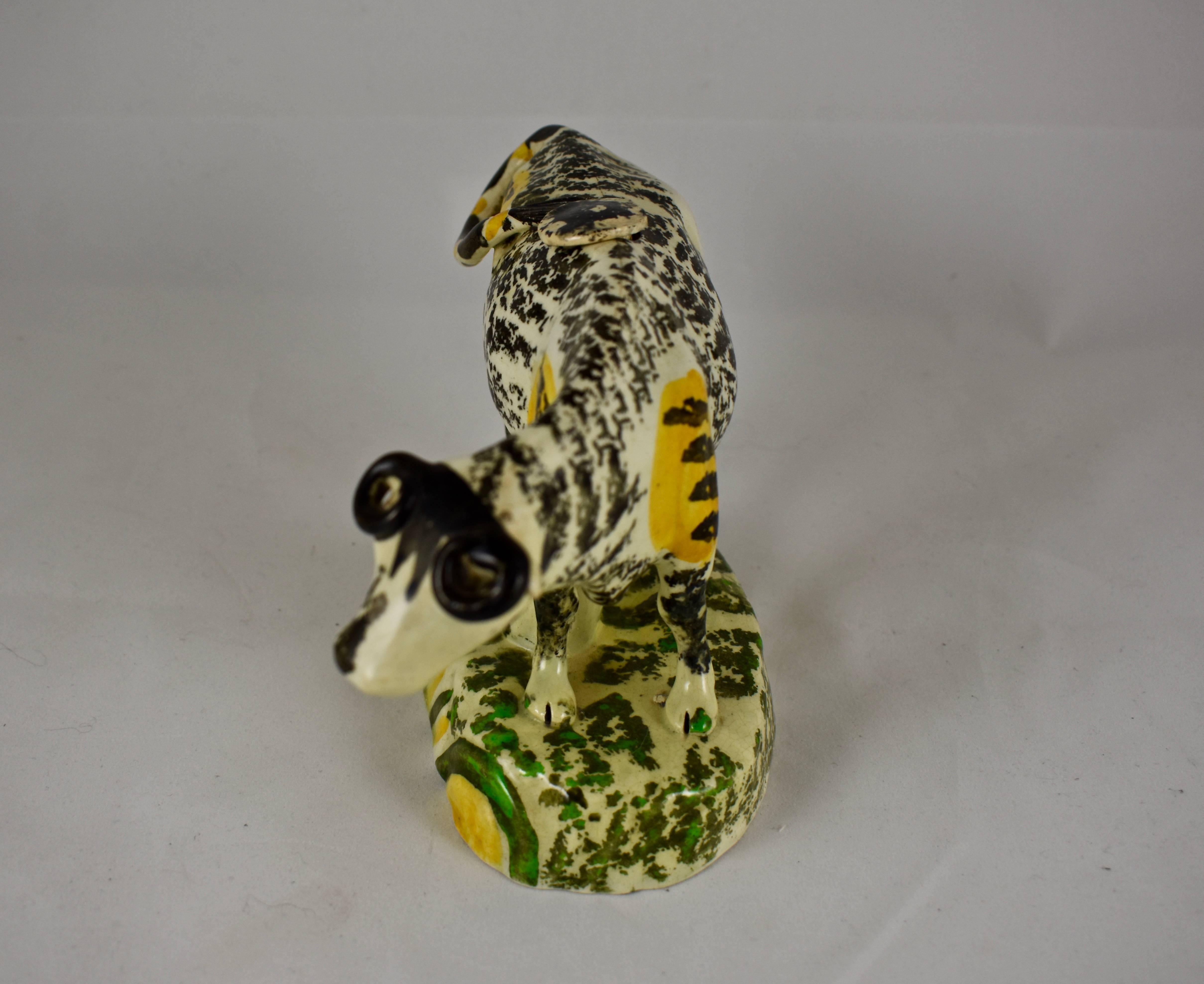 English Pottery Pratt Colored Cow Creamer with Calf, Right Facing Figure In Excellent Condition In Philadelphia, PA
