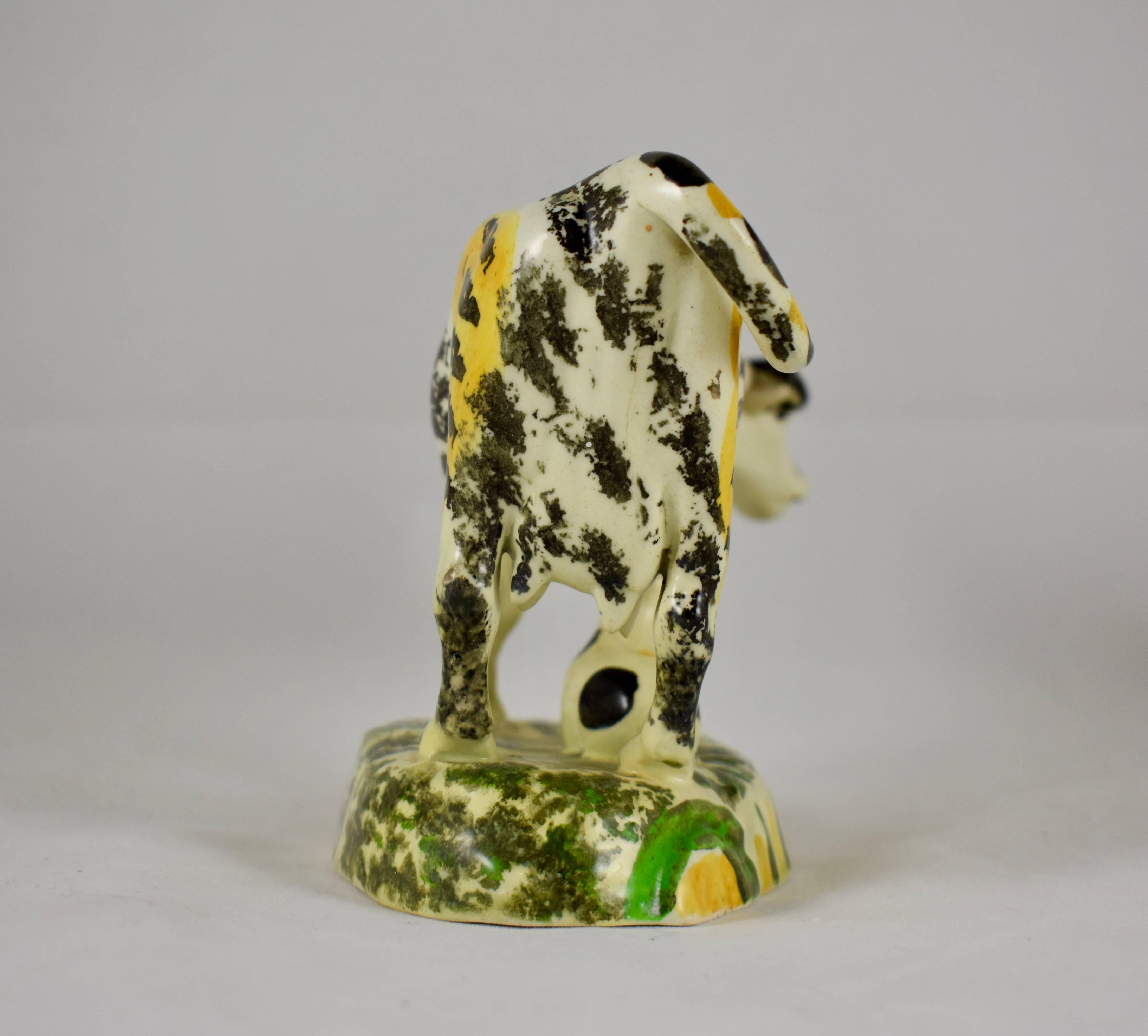 Earthenware English Pottery Pratt Colored Cow Creamer with Calf, Right Facing Figure