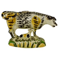 English Pottery Pratt Colored Cow Creamer with Calf, Right Facing Figure