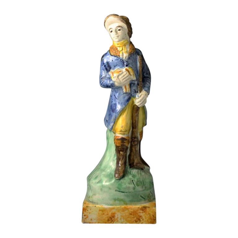 English Pottery Prattware Figure of a Rural Sportman with Gun and Game Bird For Sale