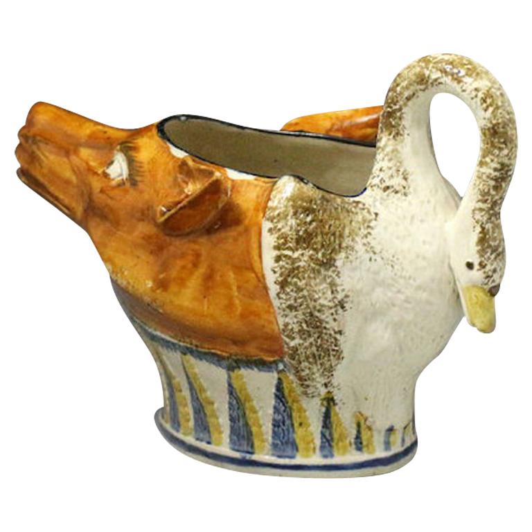 English Pottery Prattware Fox-Swan Sauce Boat, Late 18th Century For Sale