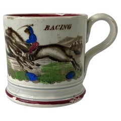 Antique English Pottery ‘Racing’ Child’s Mug, C. 1840