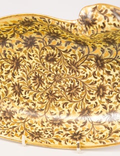 Antique English Creamware Shell Dish Yellow Ground Gilt Floral Brown Leaves 1820