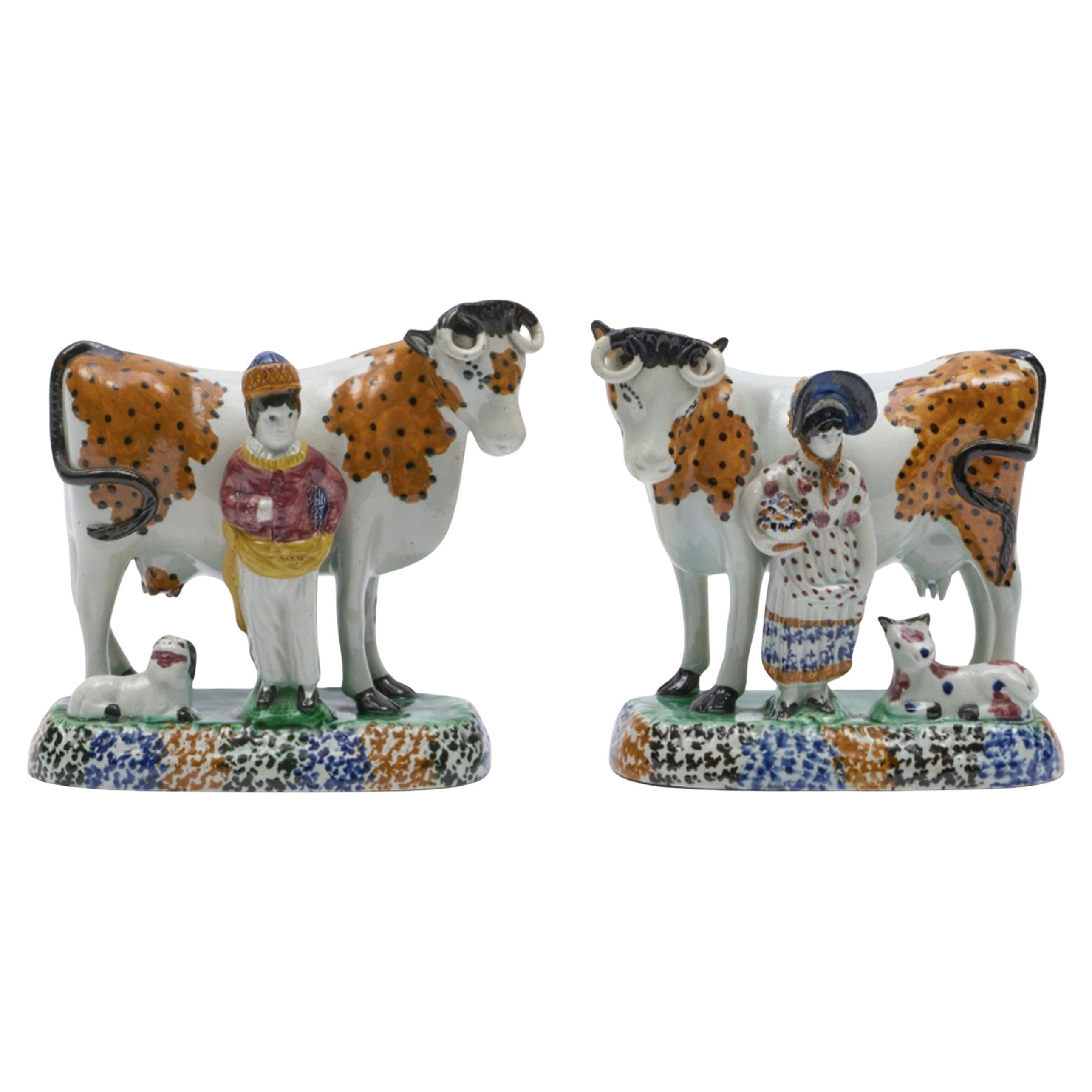 English Prattware Pair of Figures of Cows with Attendants