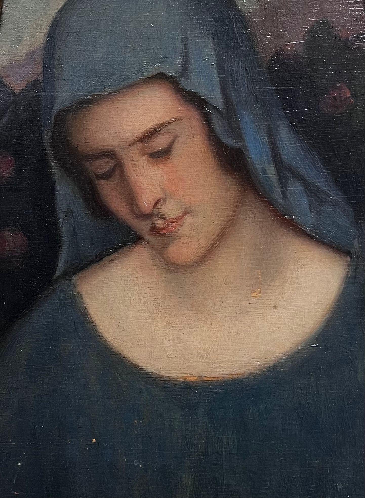 19th Century Portrait of Pensive Madonna Blue Veil Pre-Raphaelite Oil Painting - Black Figurative Painting by English Pre-Raphaelite