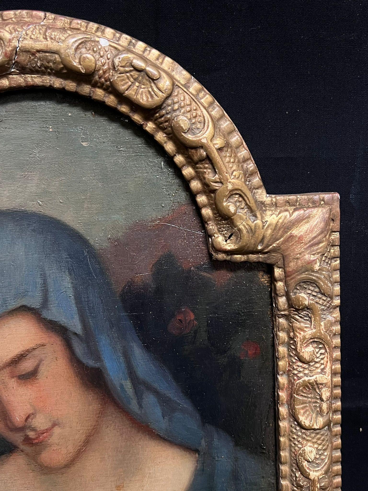 19th Century Portrait of Pensive Madonna Blue Veil Pre-Raphaelite Oil Painting For Sale 2