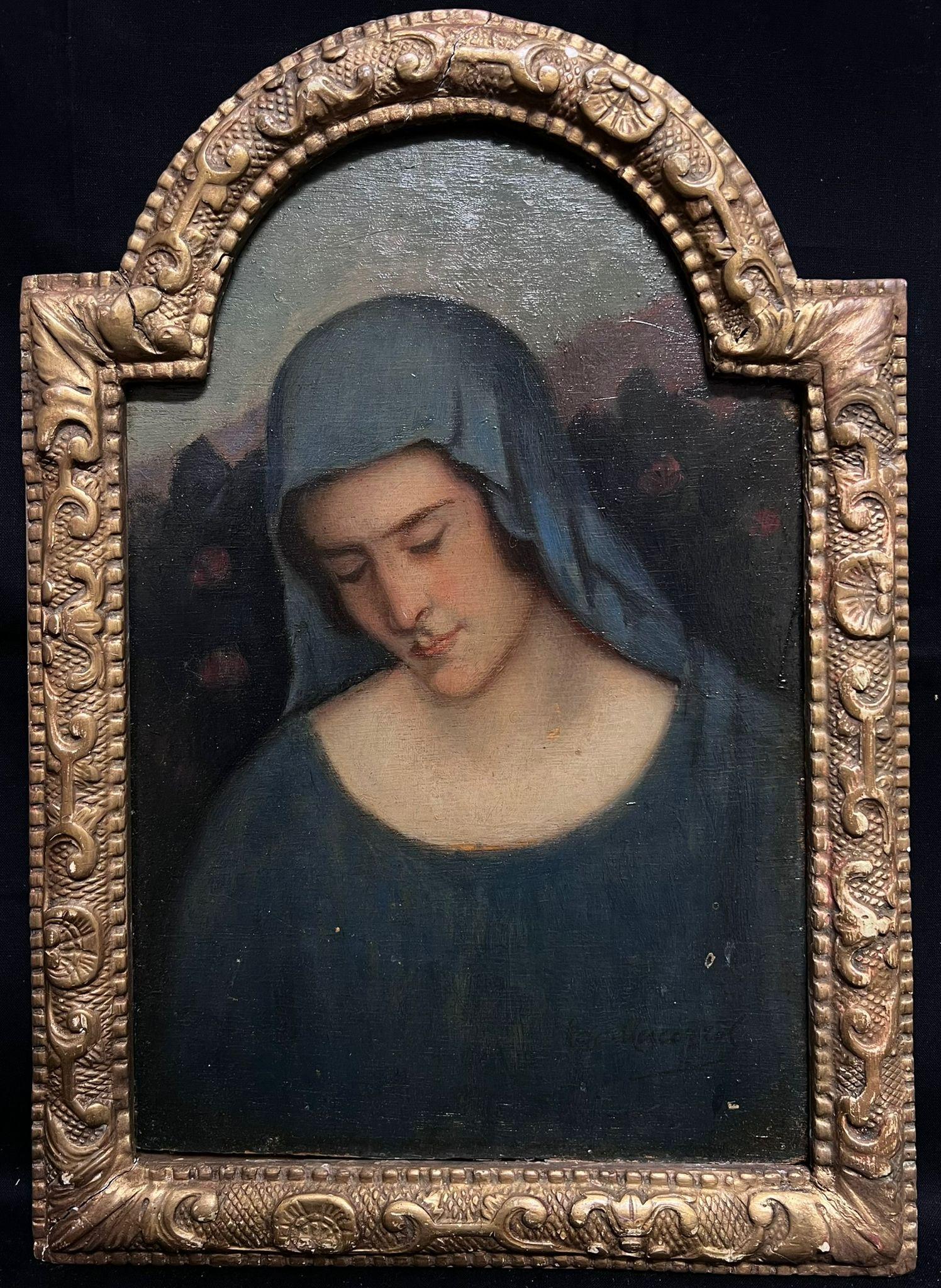 Ritratto di Madonna pensierosa con velo blu dipinto a olio preraffaellita del XIX secolo