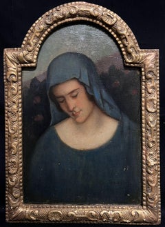 Ritratto di Madonna pensierosa con velo blu dipinto a olio preraffaellita del XIX secolo