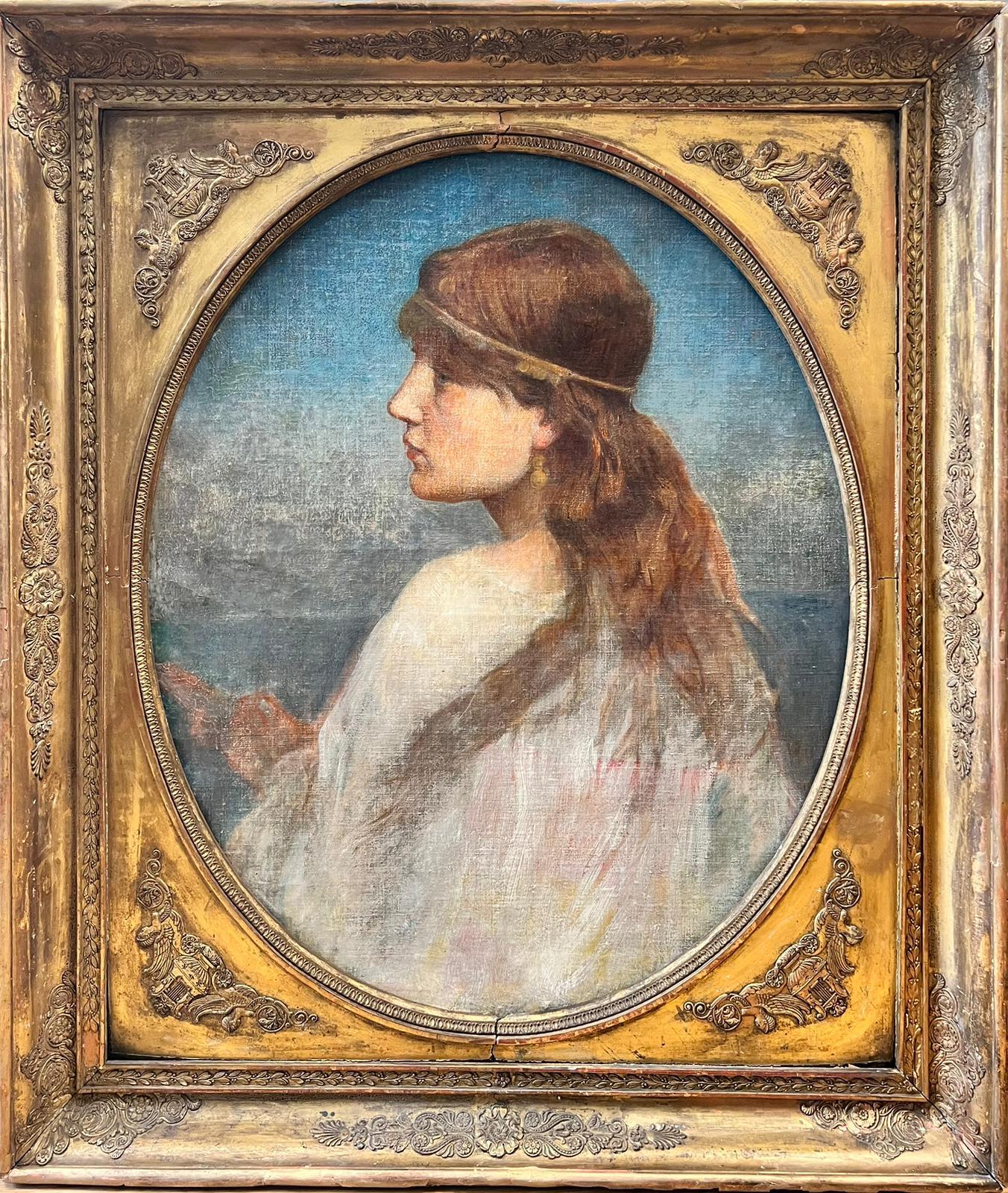 English Pre-Raphaelite artist from the late 19th century
the work is slightly sketchy in appearance suggesting it was possibly an unfinished work or preparatory painting in advance of more finished work. 
oil painting on canvas, framed in original