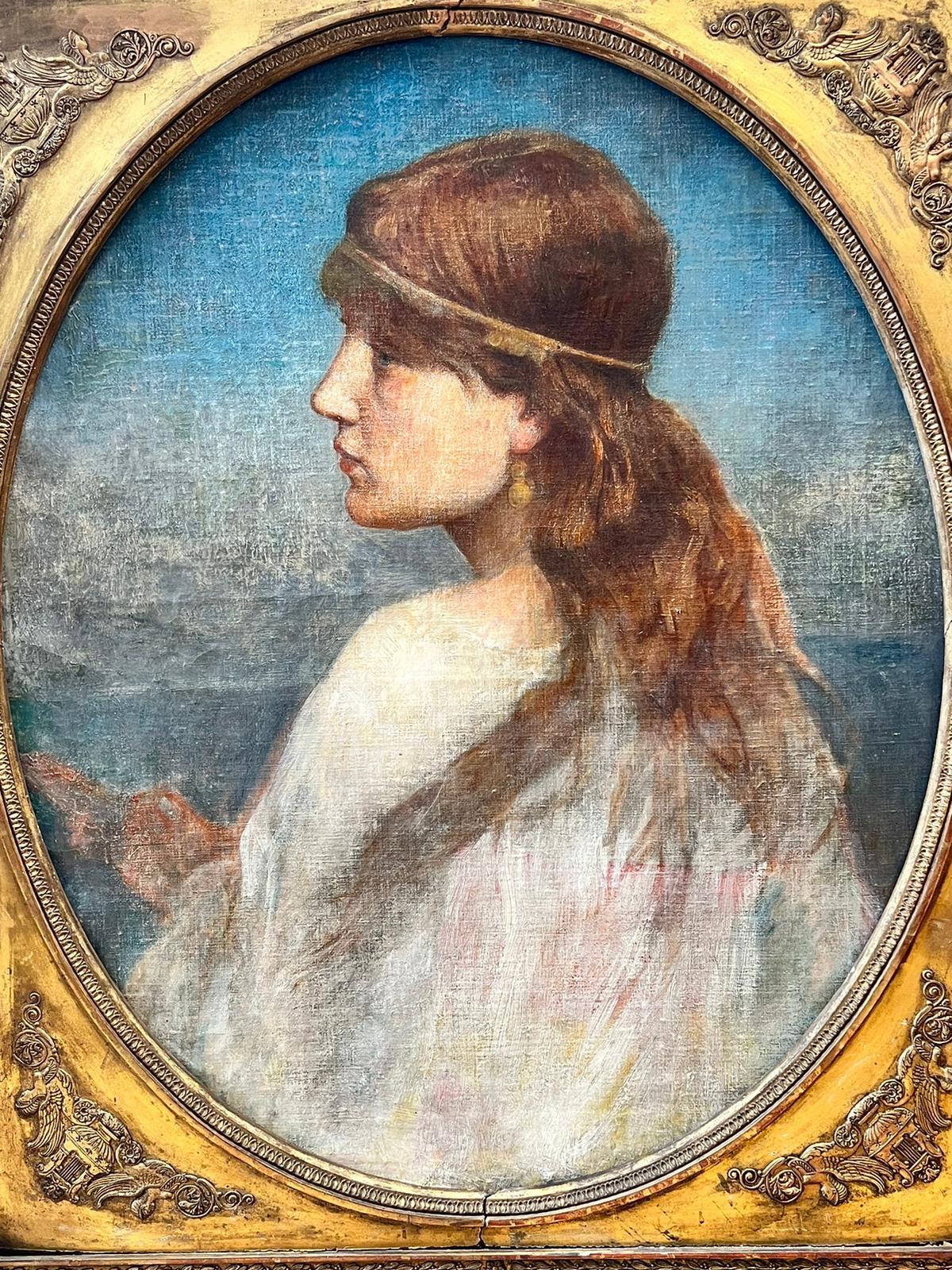 Fine 1890's English Pre-Raphaelite Oil Painting Portrait of Young Beauty by Sea 1