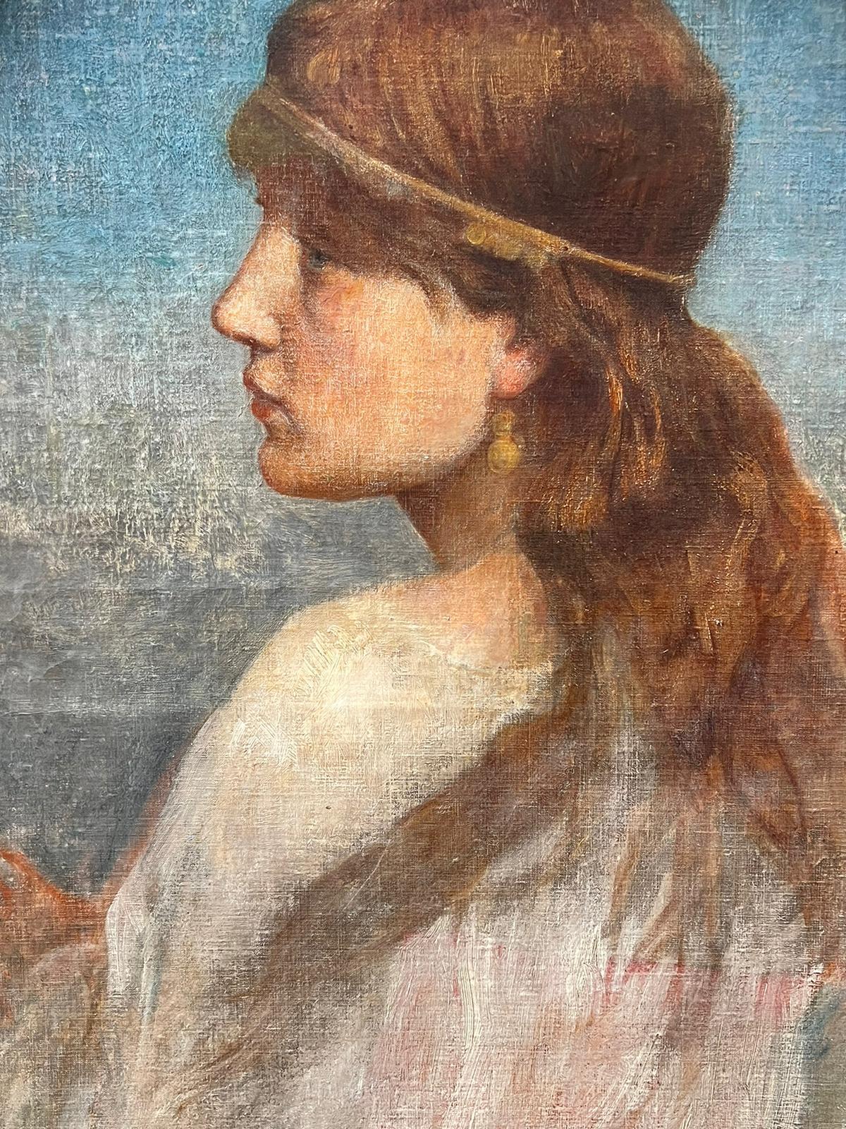 Fine 1890's English Pre-Raphaelite Oil Painting Portrait of Young Beauty by Sea 2
