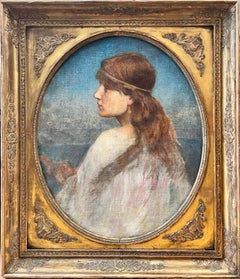 Fine 1890's English Pre-Raphaelite Oil Painting Portrait of Young Beauty by Sea