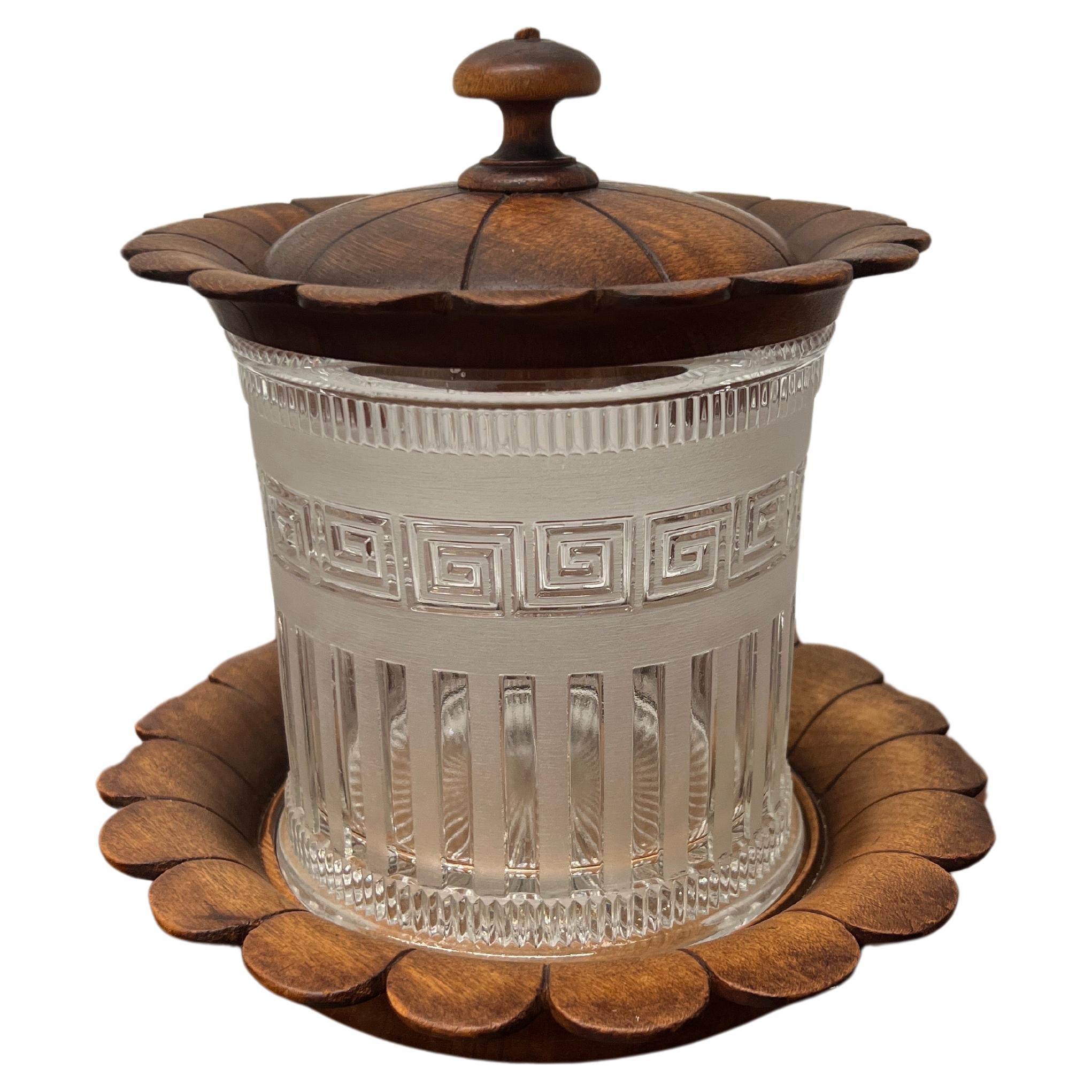 English Pressed Glass & Carved Oak Greek Key Motif Biscuit Barrel or Humidor For Sale