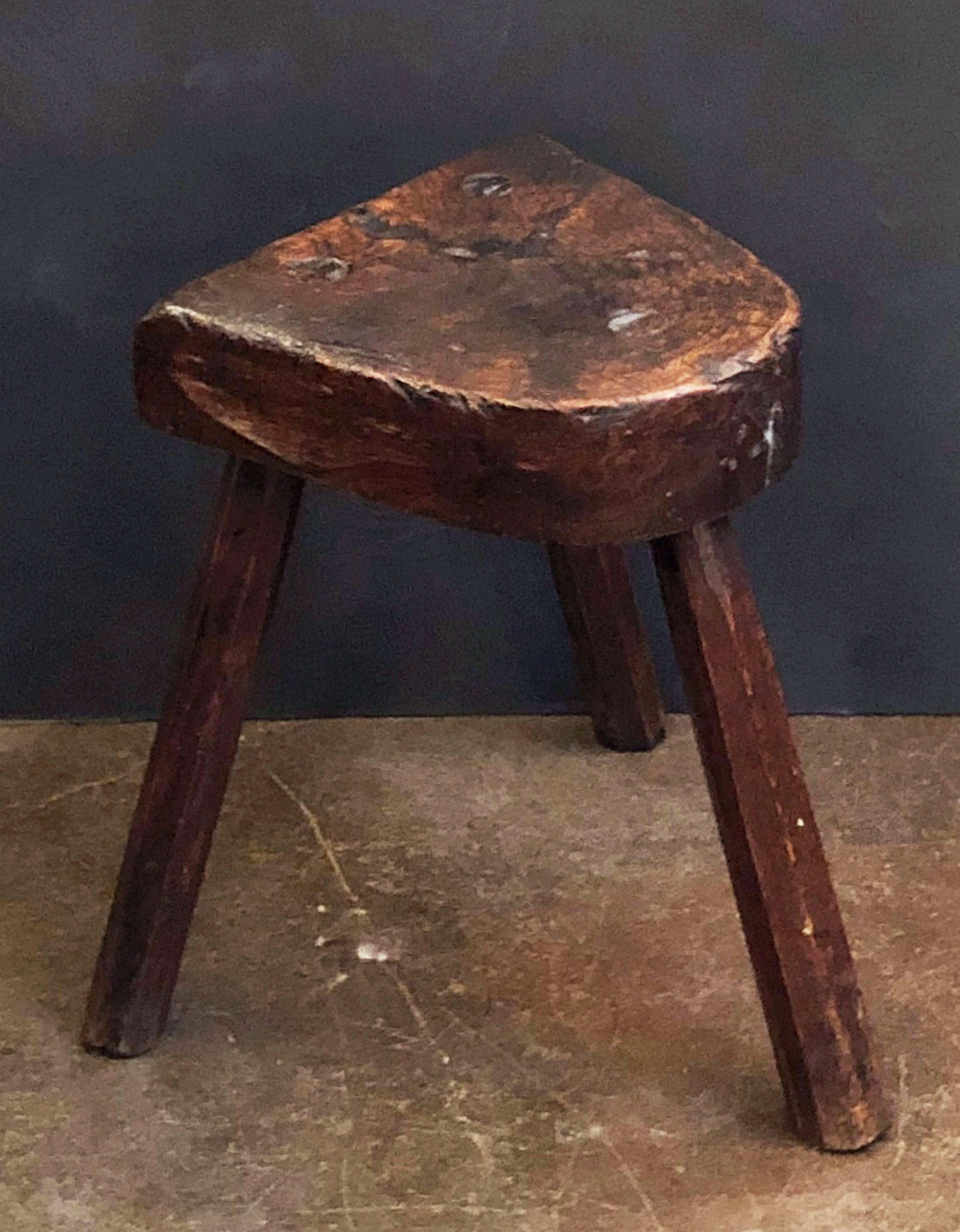 Hand-Carved English Primitive or Rustic Three-Legged Milking Stool of Oak