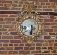 English Prince of Wales Gilt Wood Foliage Girandole Convex Wall Mirror, C. 1810