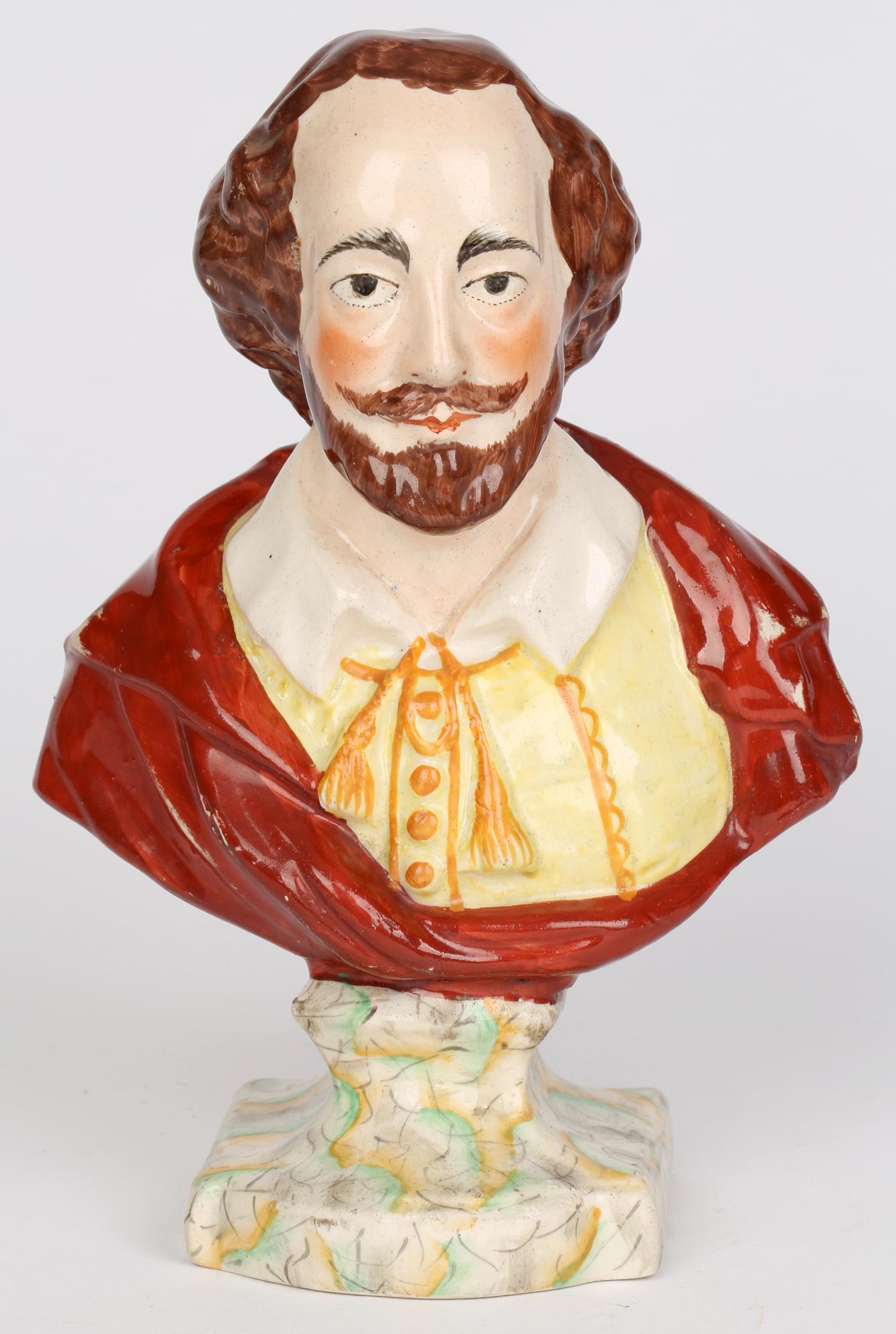 English, Probably Leeds Hand Painted Pottery Bust of William Shakespeare 5