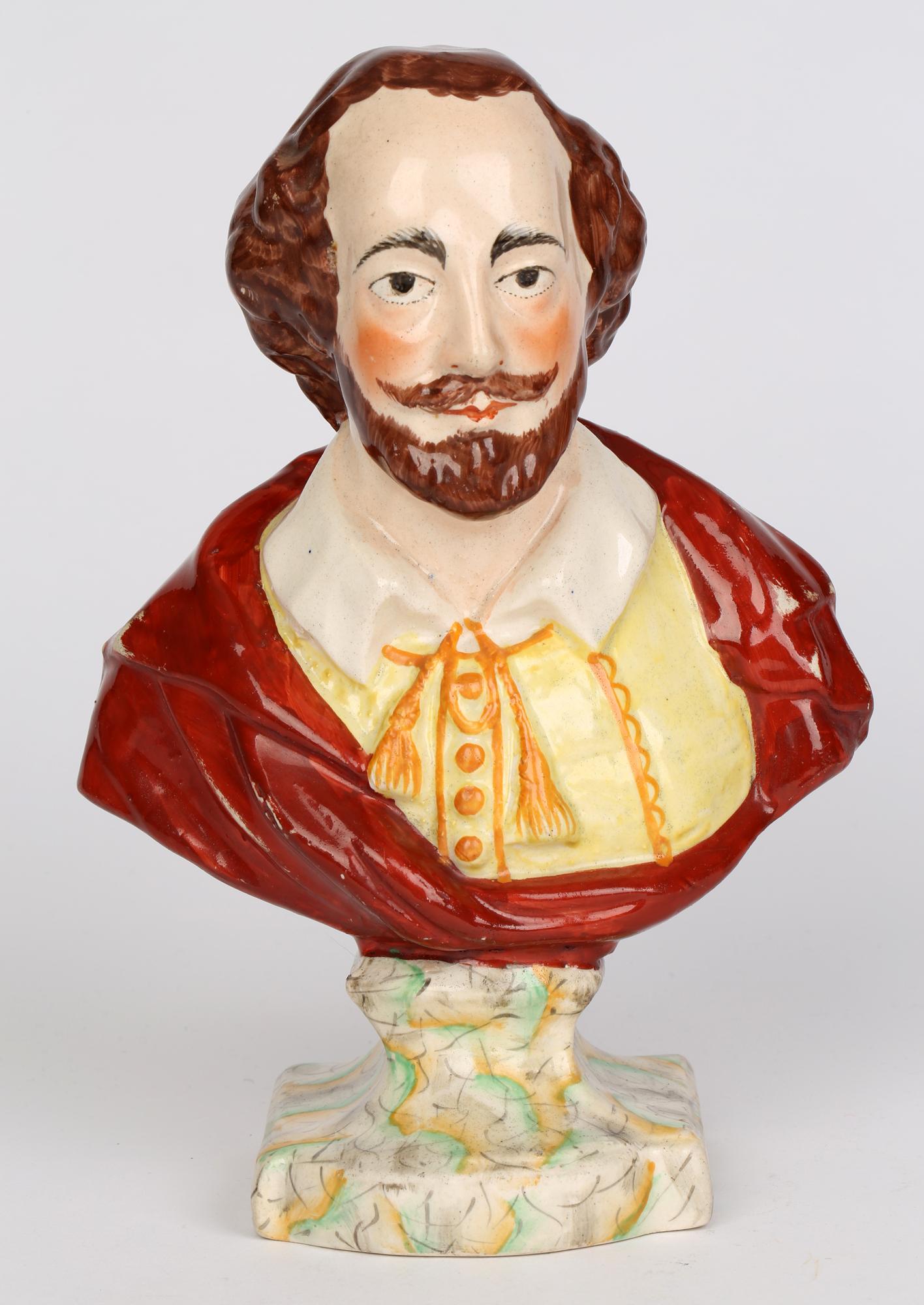George III English, Probably Leeds Hand Painted Pottery Bust of William Shakespeare