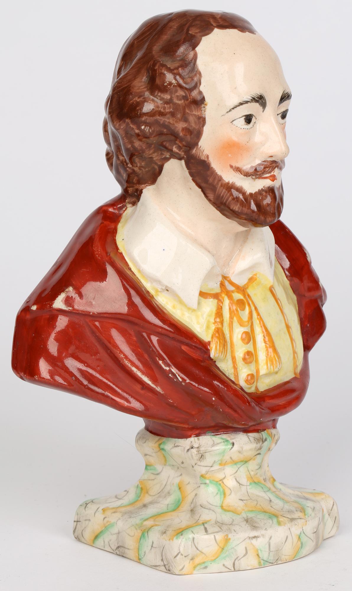 Early 19th Century English, Probably Leeds Hand Painted Pottery Bust of William Shakespeare