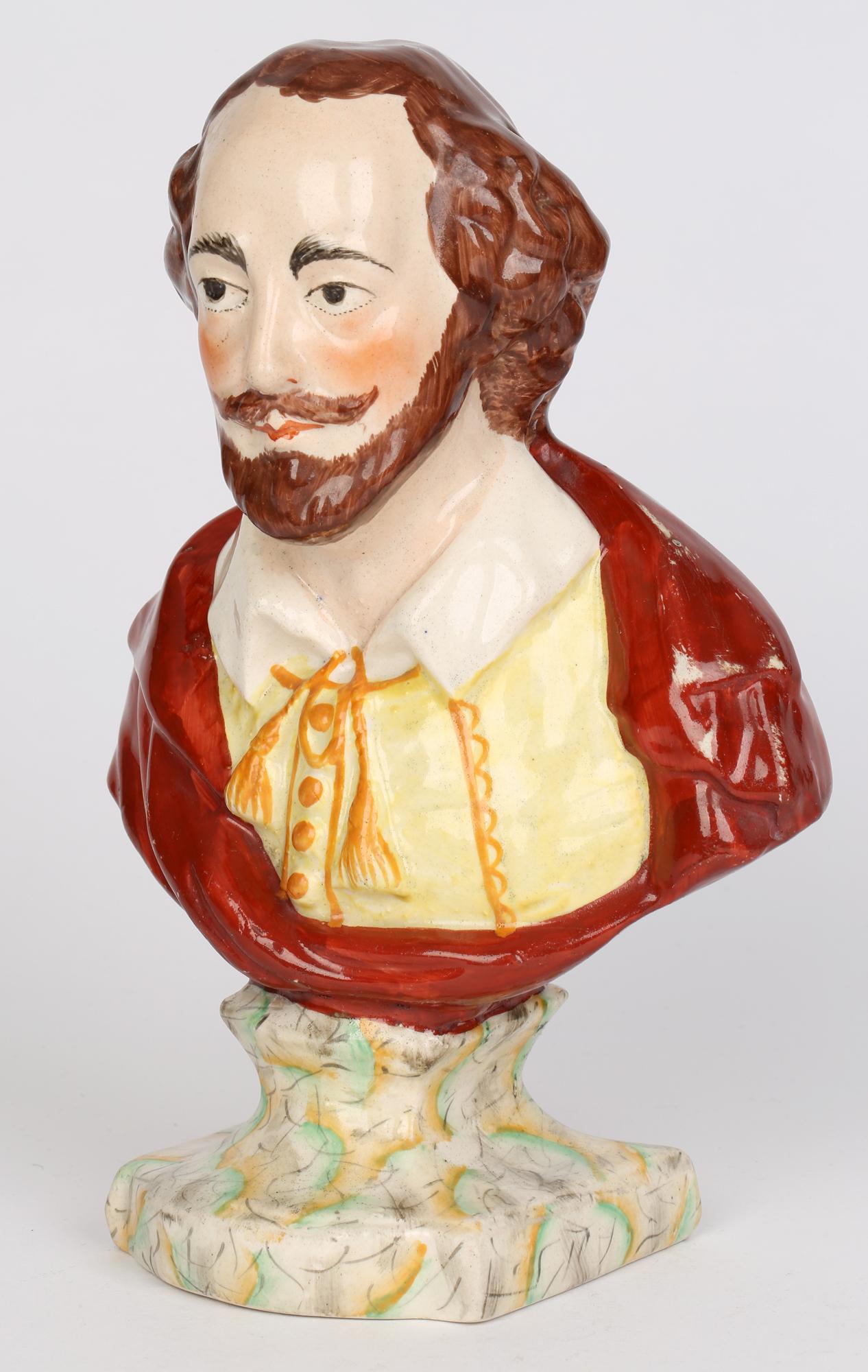 English, Probably Leeds Hand Painted Pottery Bust of William Shakespeare 2