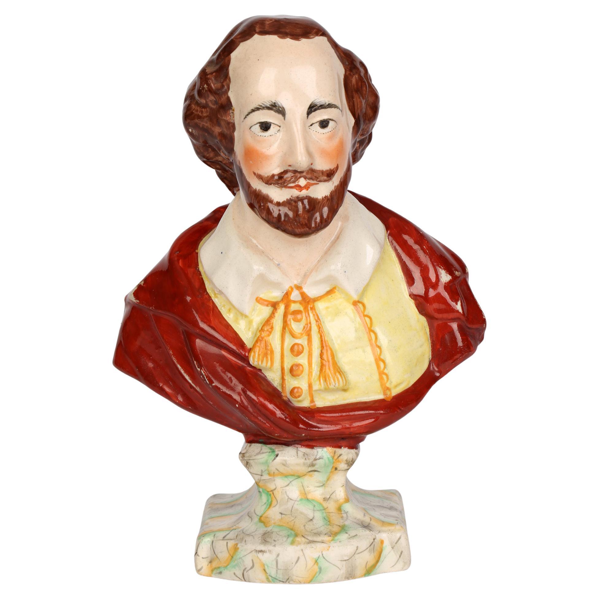English, Probably Leeds Hand Painted Pottery Bust of William Shakespeare