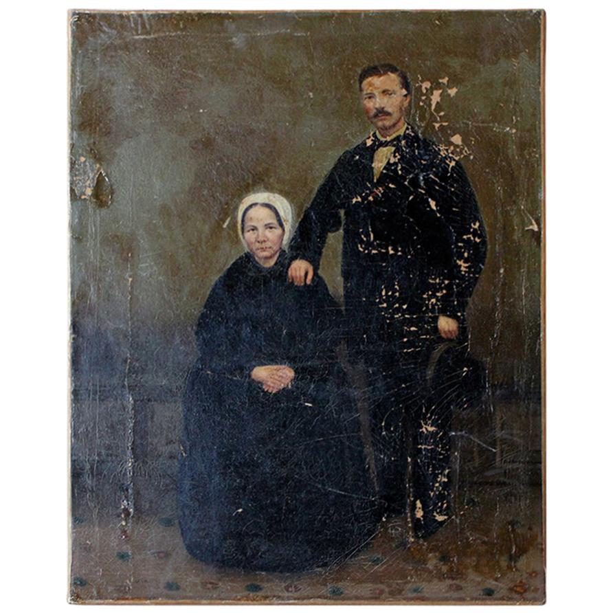 English Provincial School Oil on Canvas, Portrait of a Gentleman and His Wife