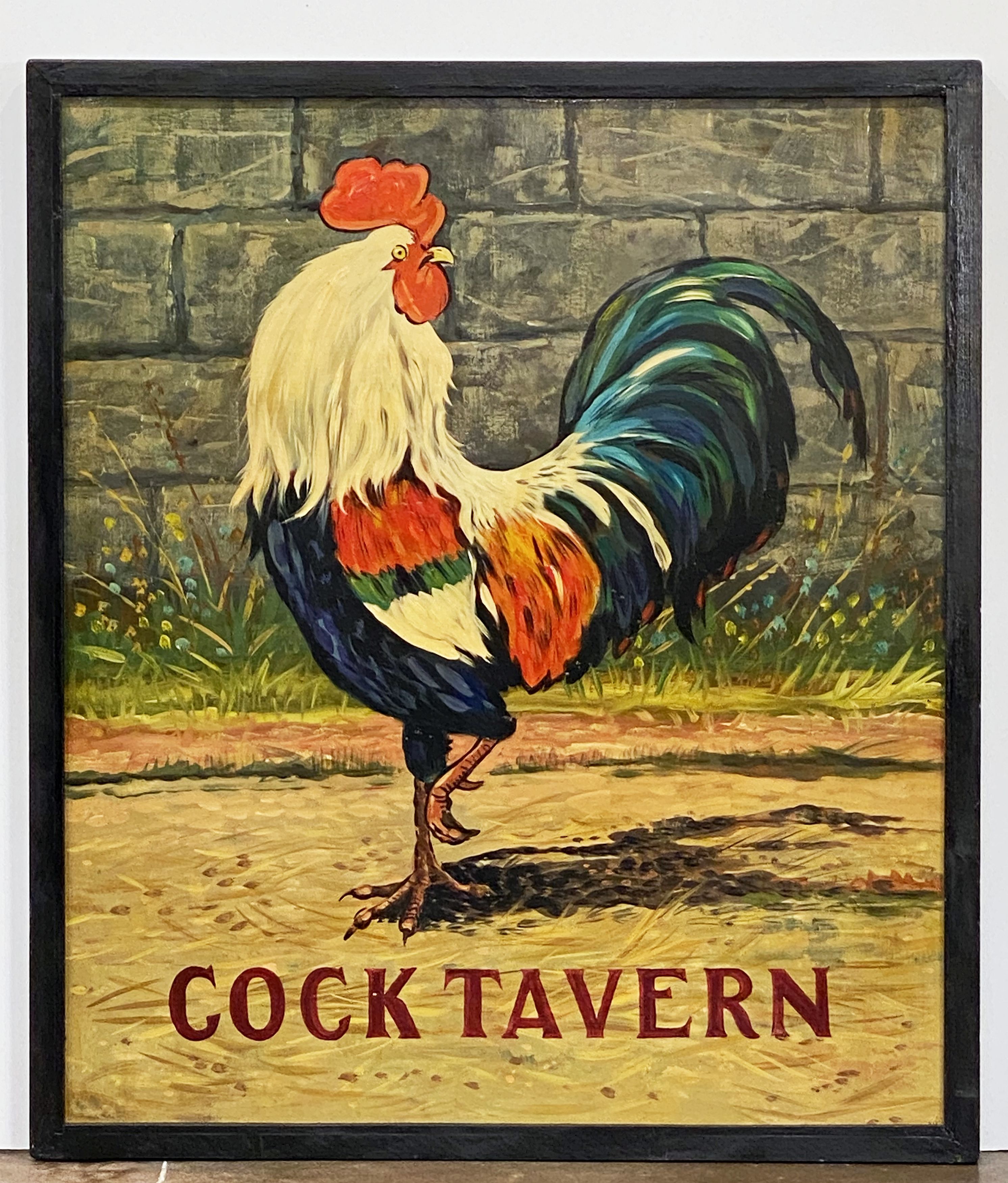 An authentic English pub sign (one-sided) featuring a painting of a cock or rooster, entitled: Cock Tavern

A very fine example of vintage advertising artwork and ready for display.