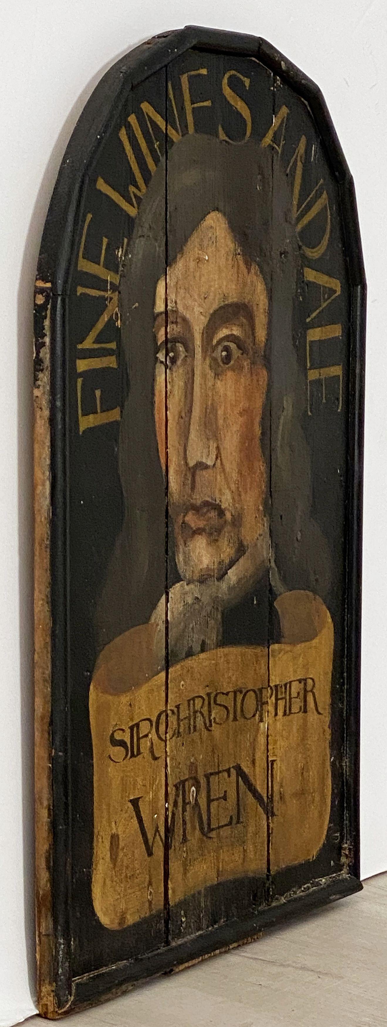 An authentic English pub sign (one-sided) featuring a portrait painting of Sir Christopher Wren, entitled: Fine Wines and Ale - Sir Christopher Wren.

Sir Christopher Wren PRS FRS (30 October 1632 – 8 March 1723) was one of the most highly