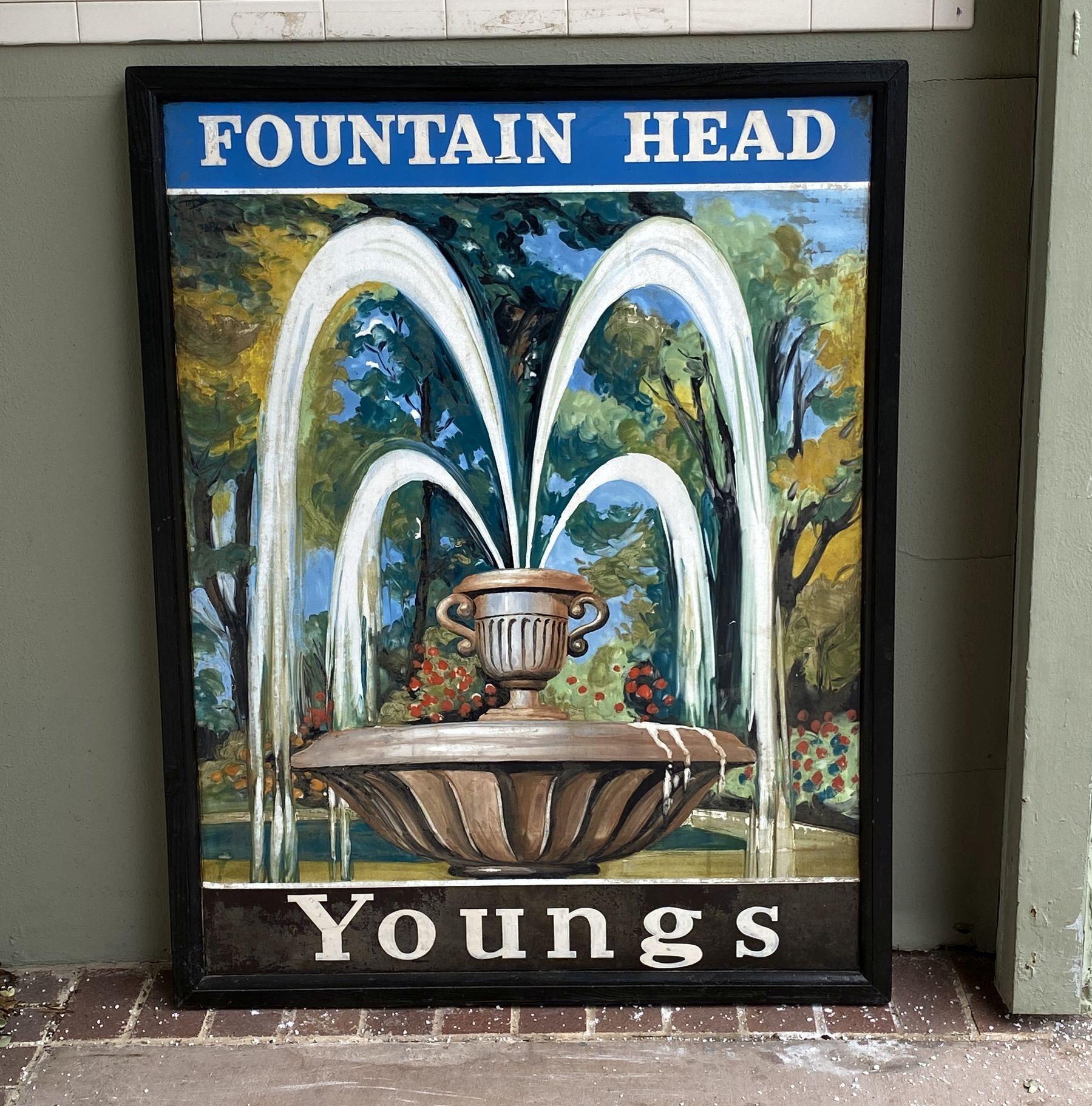 An authentic English pub sign (one-sided) featuring a painting of a Classical urn or fountainhead spouting cascades of water in a park setting, entitled: Worth Brewery - The Cricketer's Arms.

A very fine example of vintage advertising artwork,